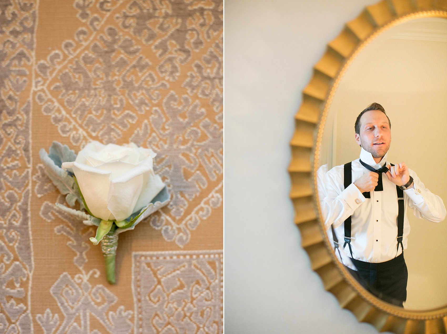 Washington, DC wedding photos by Mikkel Paige. The groom wore a white rose boutonniere at The Ritz Carlton, Pentagon City.