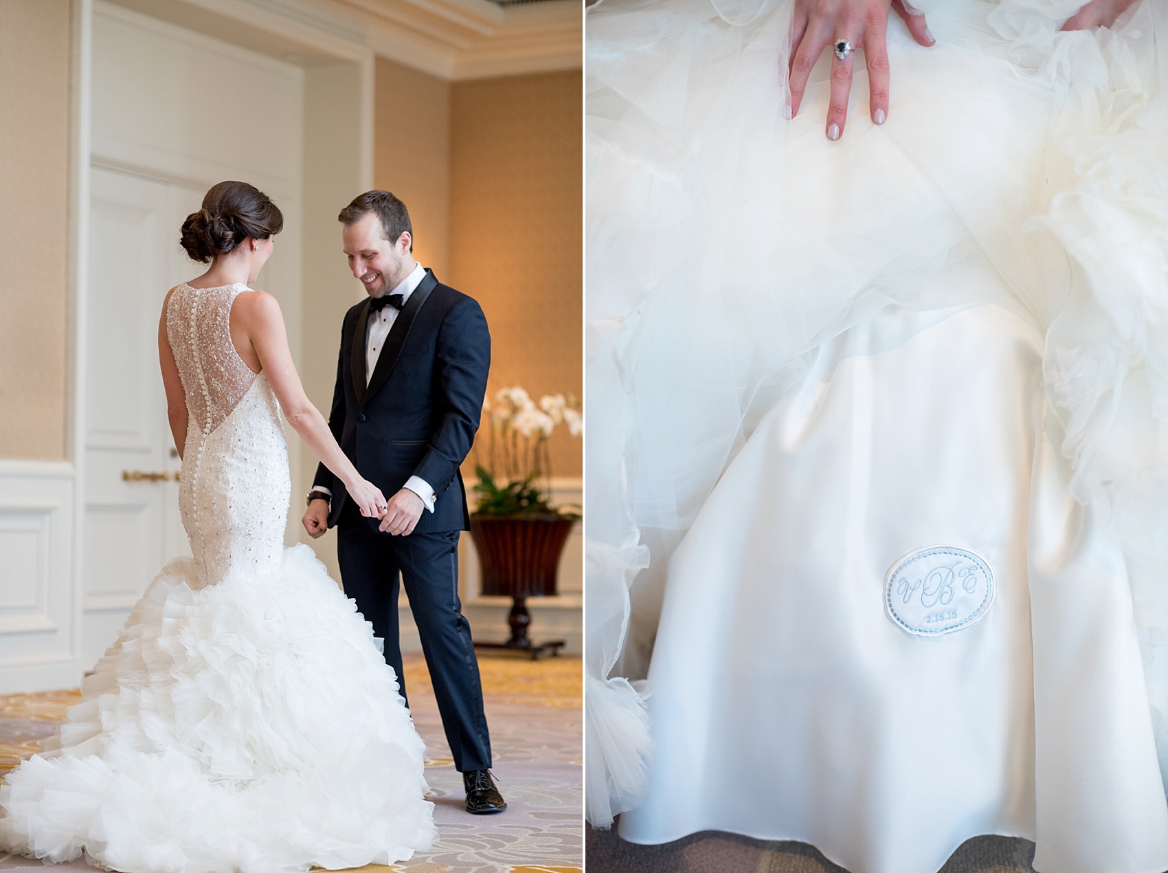 Washington, DC wedding photos by Mikkel Paige. The bride and groom's first look and the bride's monogrammed blue patch inside her wedding dress at The Ritz Carlton, Pentagon City.
