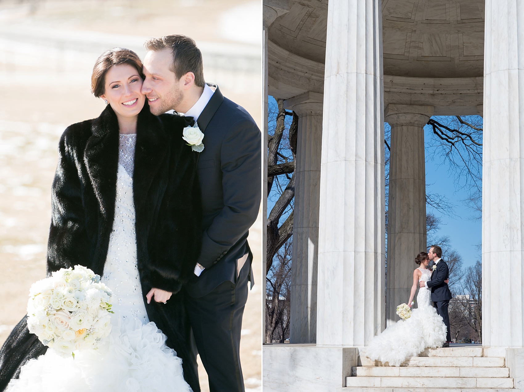Washington, DC wedding photos by Mikkel Paige. The bride and groom take photos on the National Mall with the DC war memorial and stoic white columns.