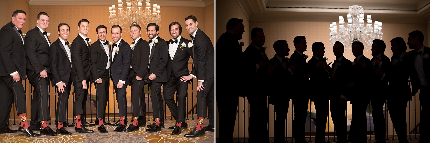 Washington, DC wedding photos by Mikkel Paige. The groomsmen in Sock it To Me Abraham Lincoln, Honest Abe socks, at The Ritz Carlton, Pentagon City.