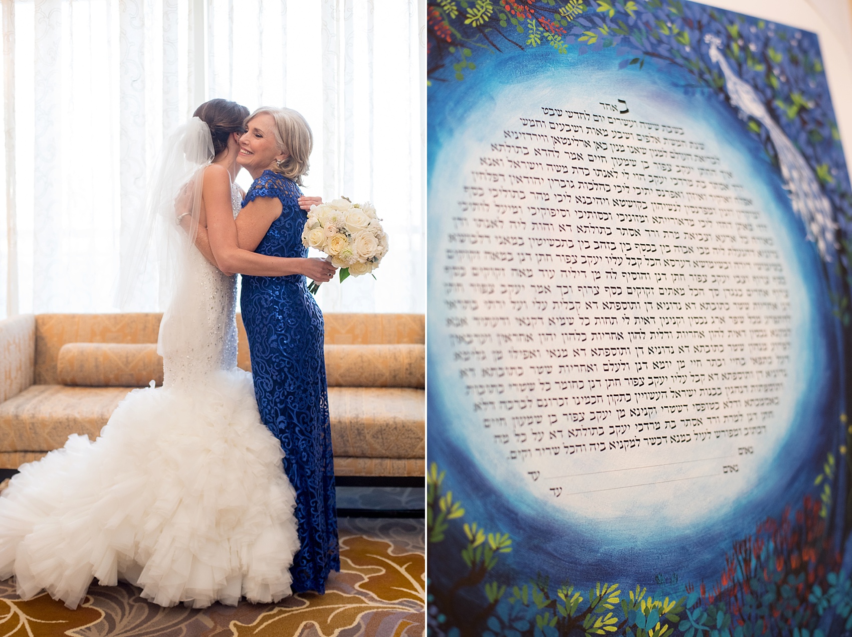 Washington, DC wedding photos by Mikkel Paige. The bride and her mother, and beautiful blue ketubah at The Ritz Carlton, Pentagon City.