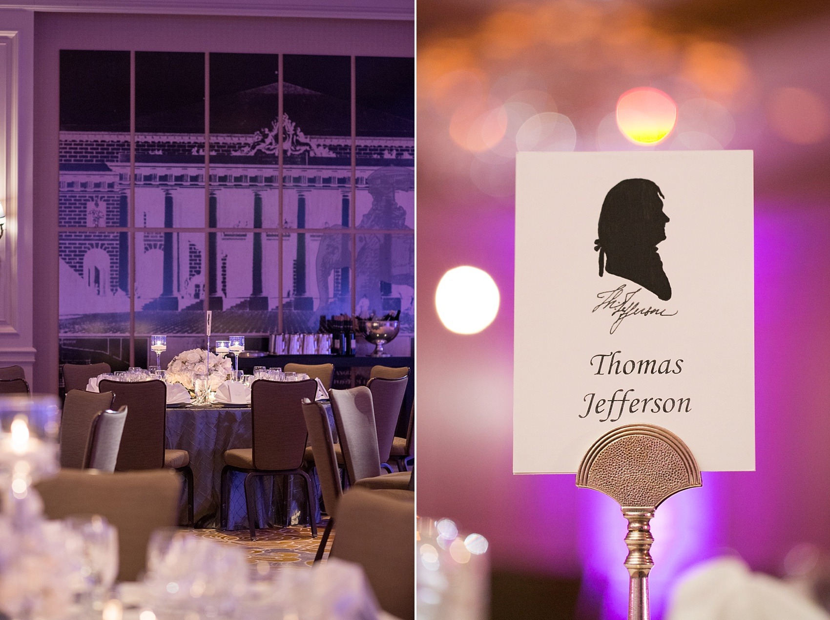 Washington, DC wedding photos by Mikkel Paige. The main ballroom with purple lighting and white flowers, with president name table numbers at the Ritz Carlton, Pentagon City.