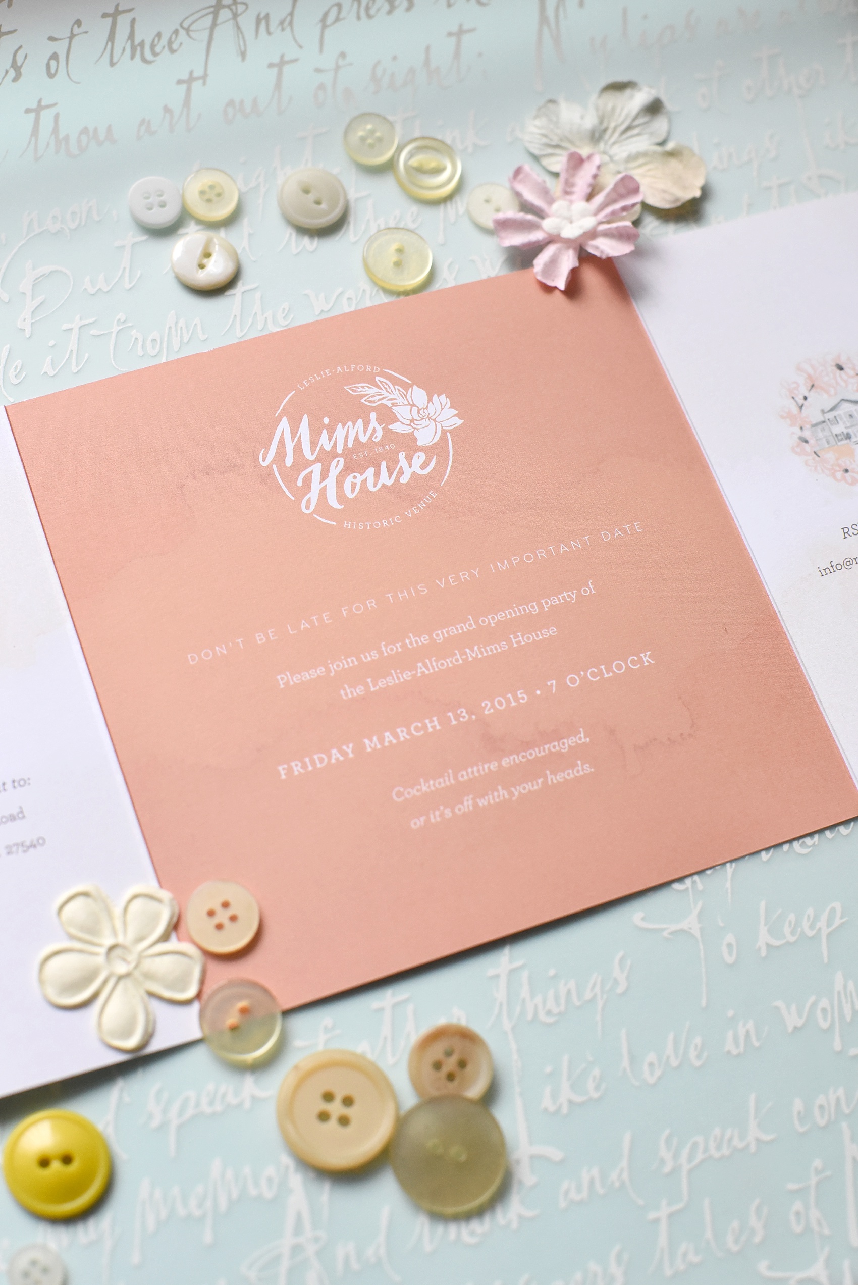 Raleigh wedding photographer, Mikkel Paige, attends Leslie Alford Mim's House opening party! Watercolor invitation by June Letter Studios. 
