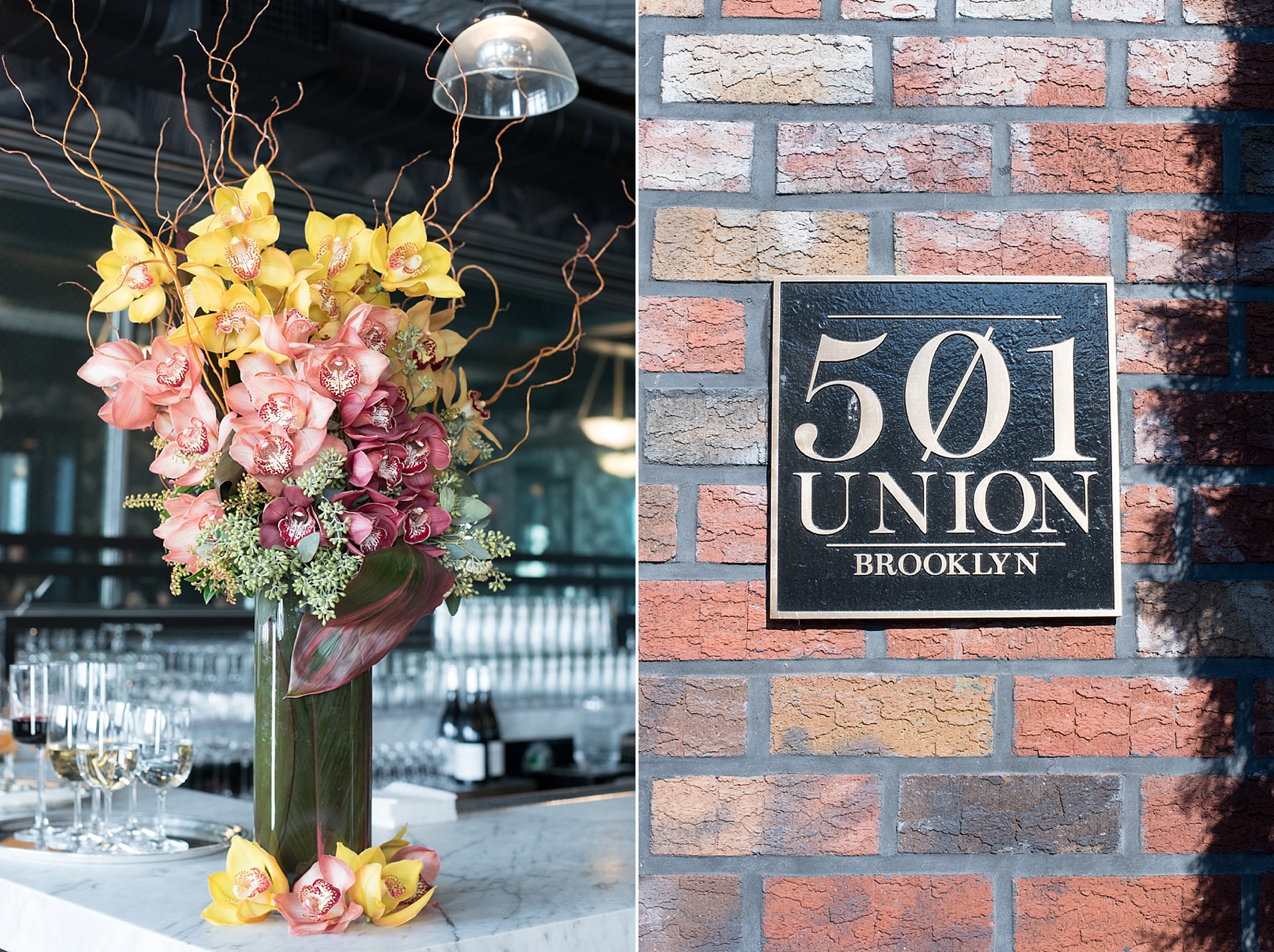 Photo by Mikkel Paige, Brooklyn wedding photographer. Flowers by The Arrangement NYC fall and autumn orchid ombre centerpieces at 501 Union.