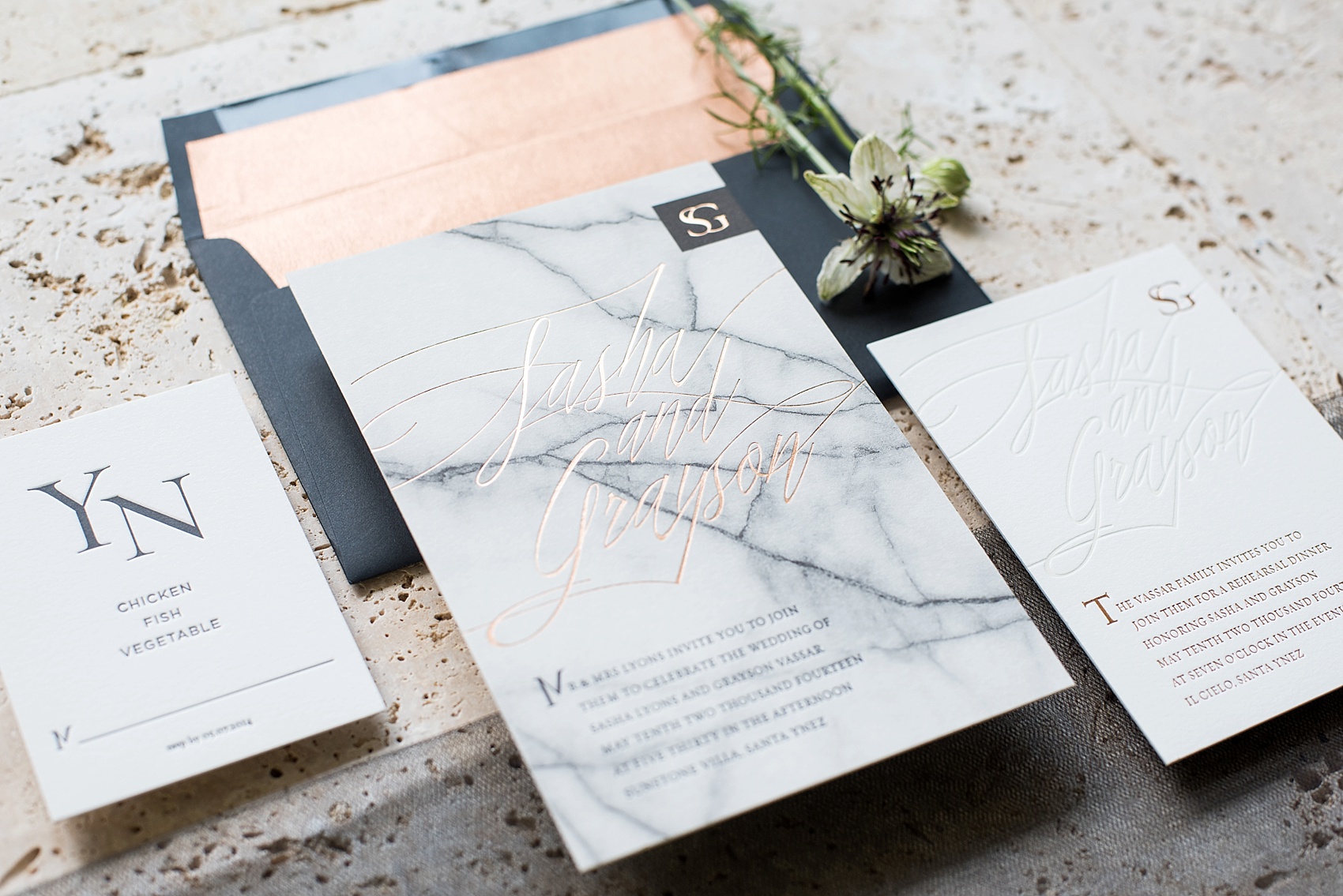 Destination wedding photographer Mikkel Paige captures a marble black, white and copper invitation suite by Bliss and Bone.