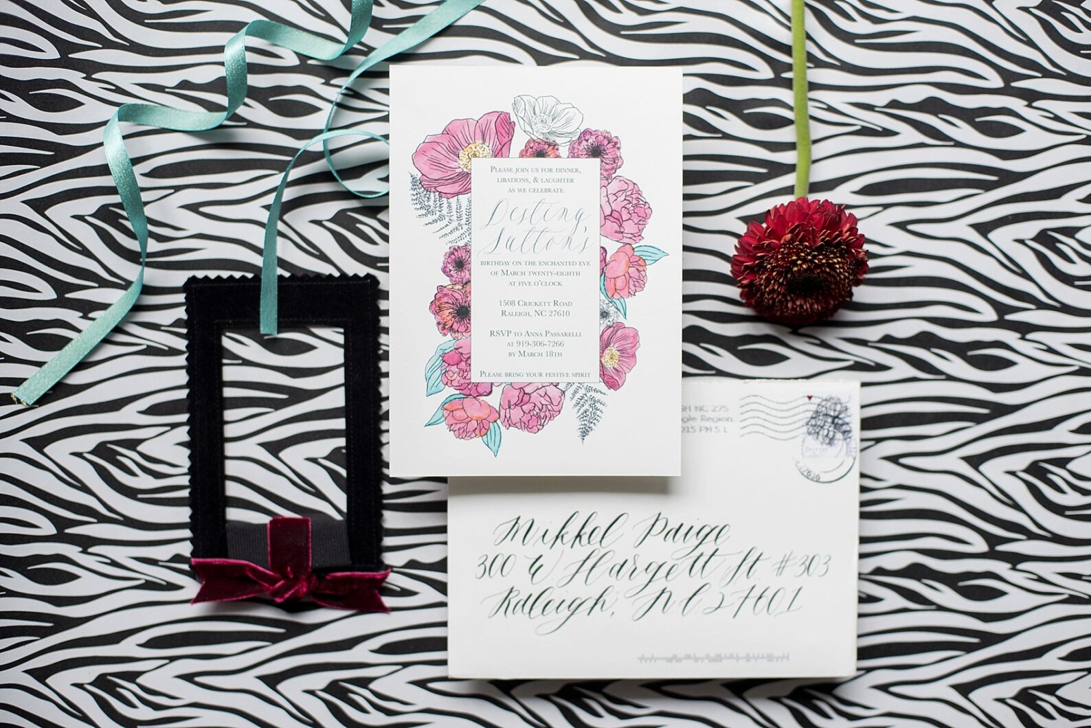 Custom floral birthday invitation. Photo by Raleigh wedding photographer Mikkel Paige, calligraphy and design by One and Only.
