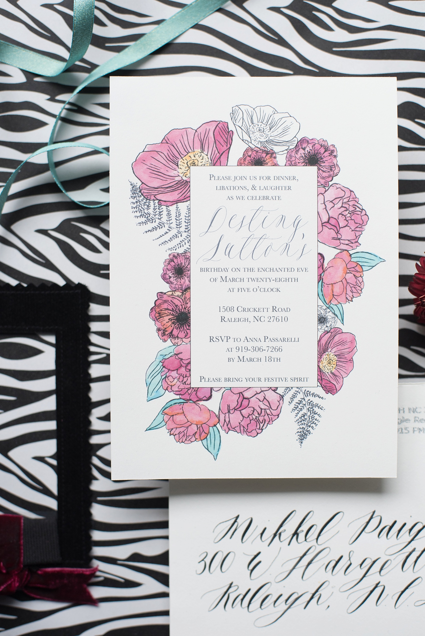 Custom floral birthday invitation. Photo by Raleigh wedding photographer Mikkel Paige, calligraphy and design by One and Only. 