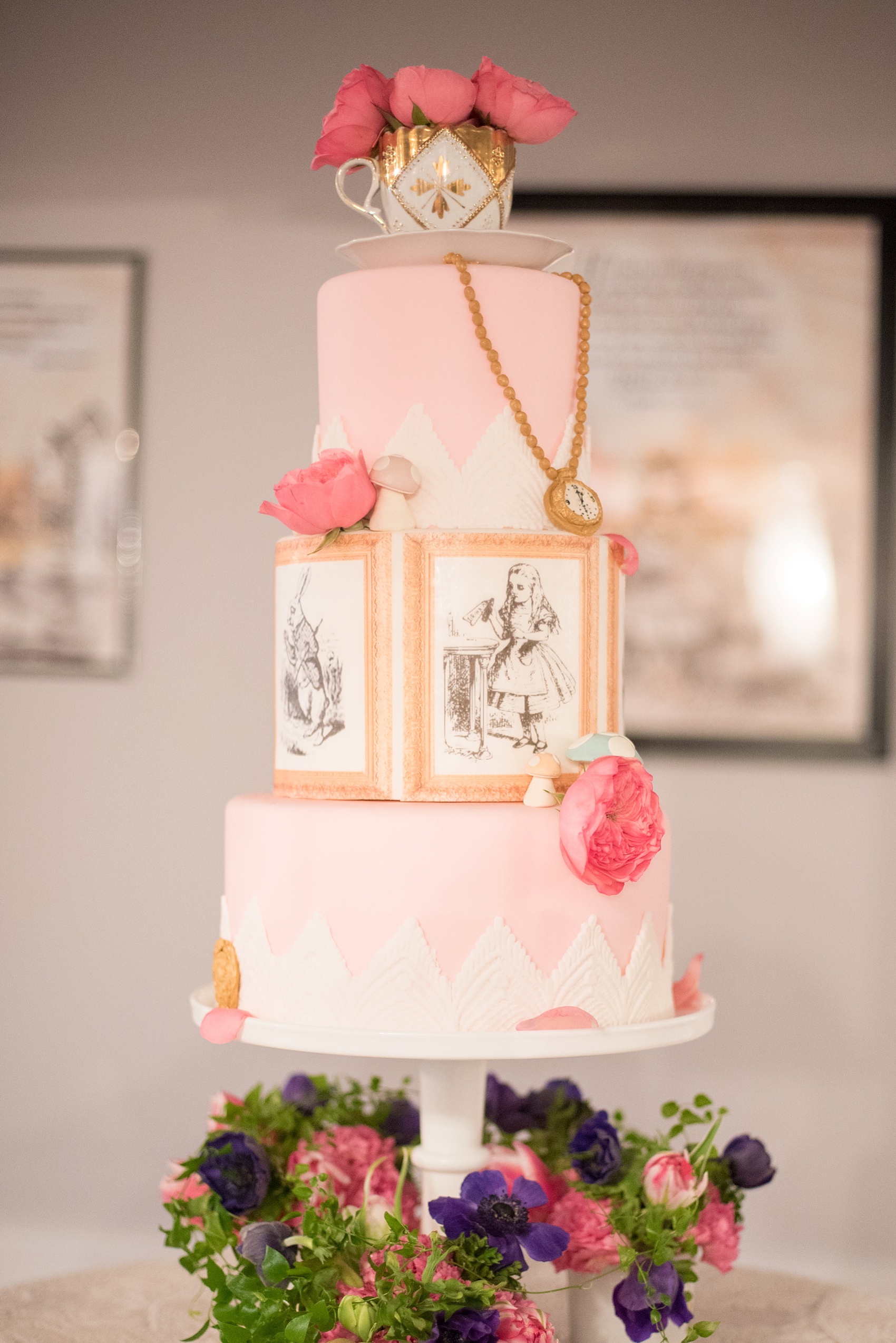 Raleigh wedding photographer Mikkel Paige captures Mim's House opening night, with an Alice in Wonderland theme pink lace cake.