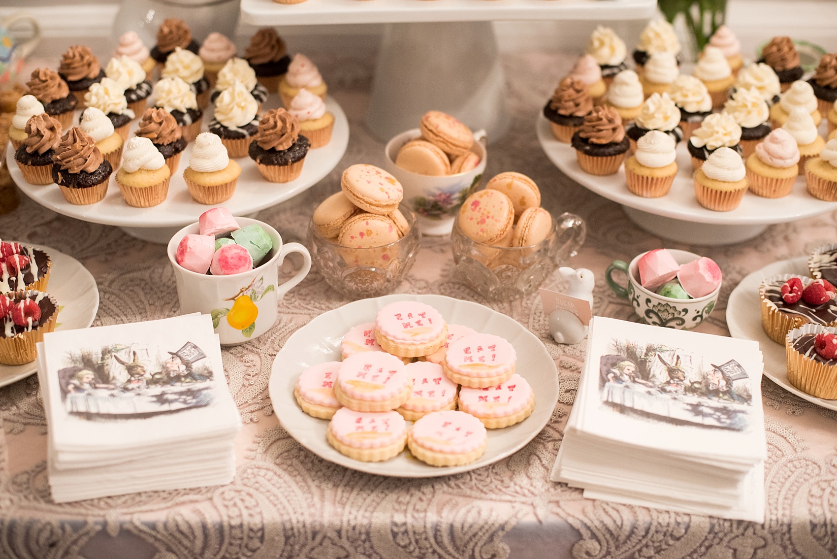 Raleigh wedding photographer Mikkel Paige captures Mim's House opening night, with an Alice in Wonderland theme and Eat Me cookies by Sugar Euphoria.