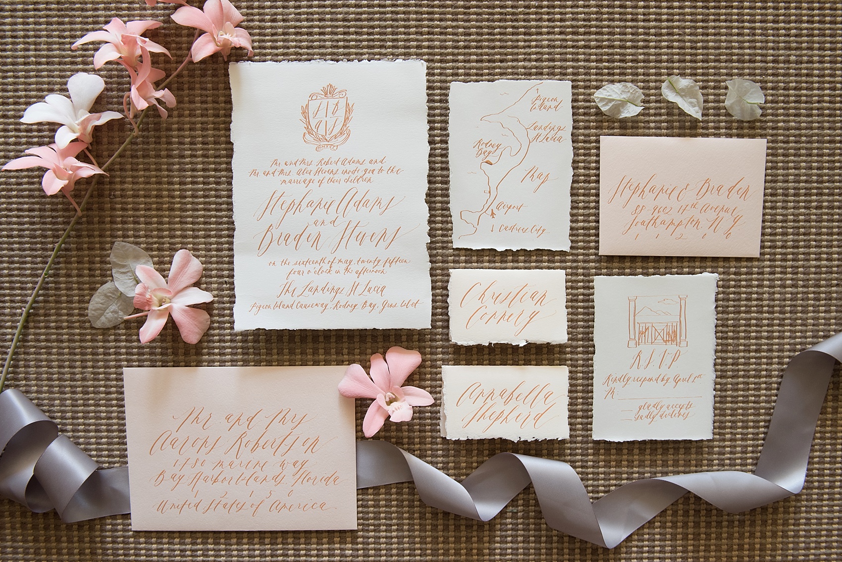 St. Lucia destination wedding beach elopement by Mikkel Paige Photography, at The Landings. Custom calligraphy invitation by Written Word.