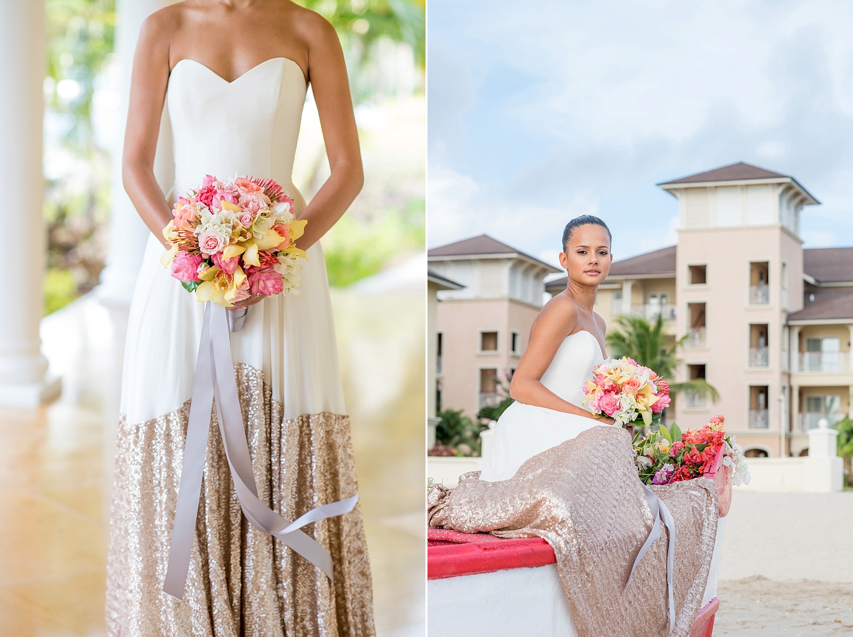 St. Lucia destination wedding beach elopement by Mikkel Paige Photography, at The Landings. Tropical bouquet with orchids and ginger snaps. Gown by Truvelle.