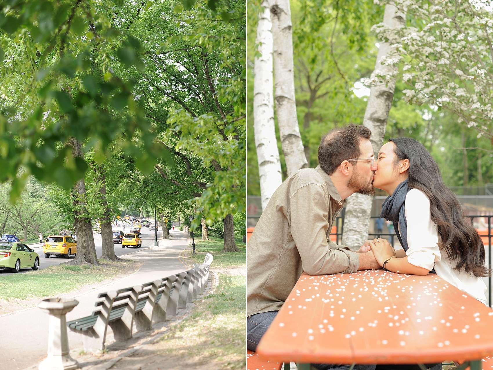 Spring Central Park engagement session, with photos at Tavern on the Green. Photos by NYC wedding photographer, Mikkel Paige Photography.