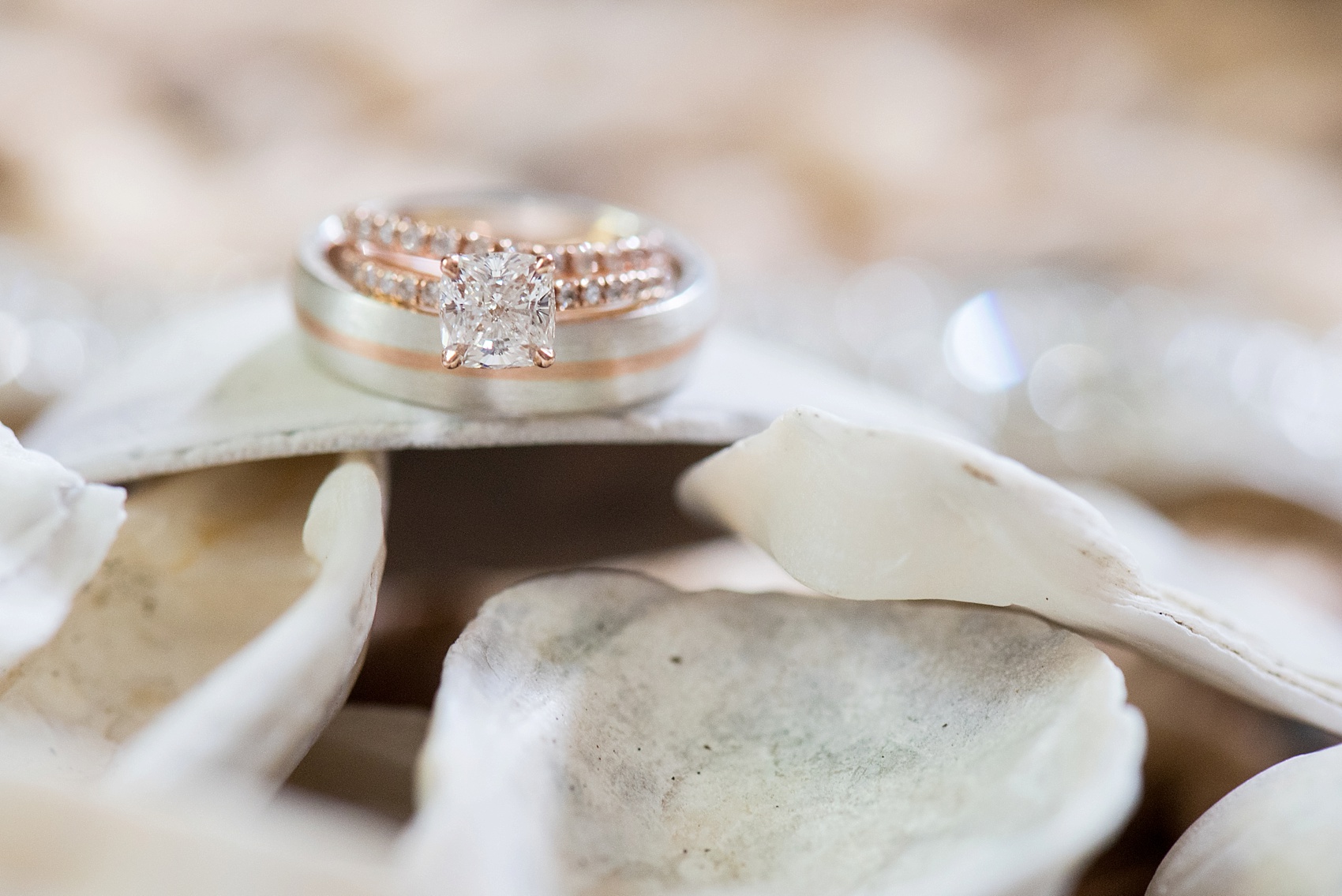 Rose gold rings for a southern wedding complete with oyster shells. Ring shot detail photo by Mikkel Paige in Hilton Head, Haig Point, South Carolina.