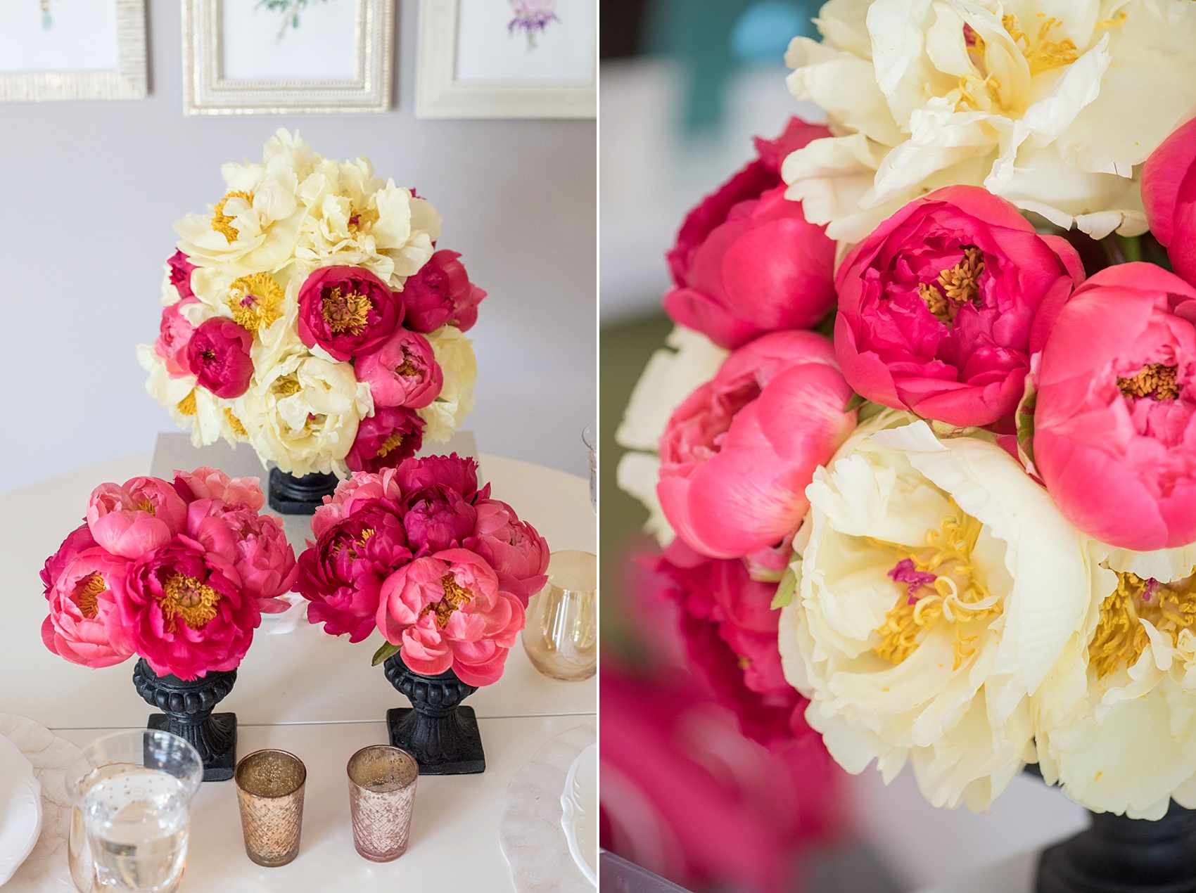 Peonies table with yellow, coral and deep pink blooms photographed by Raleigh Wedding Photographer, Mikkel Paige.