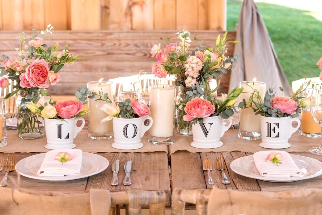 Spring vineyard elopement with LOVE Anthropologie mugs with flowers. Photos by Mikkel Paige, destination wedding photographer. Held at HammerSky Vineyard, south of San Francisco.