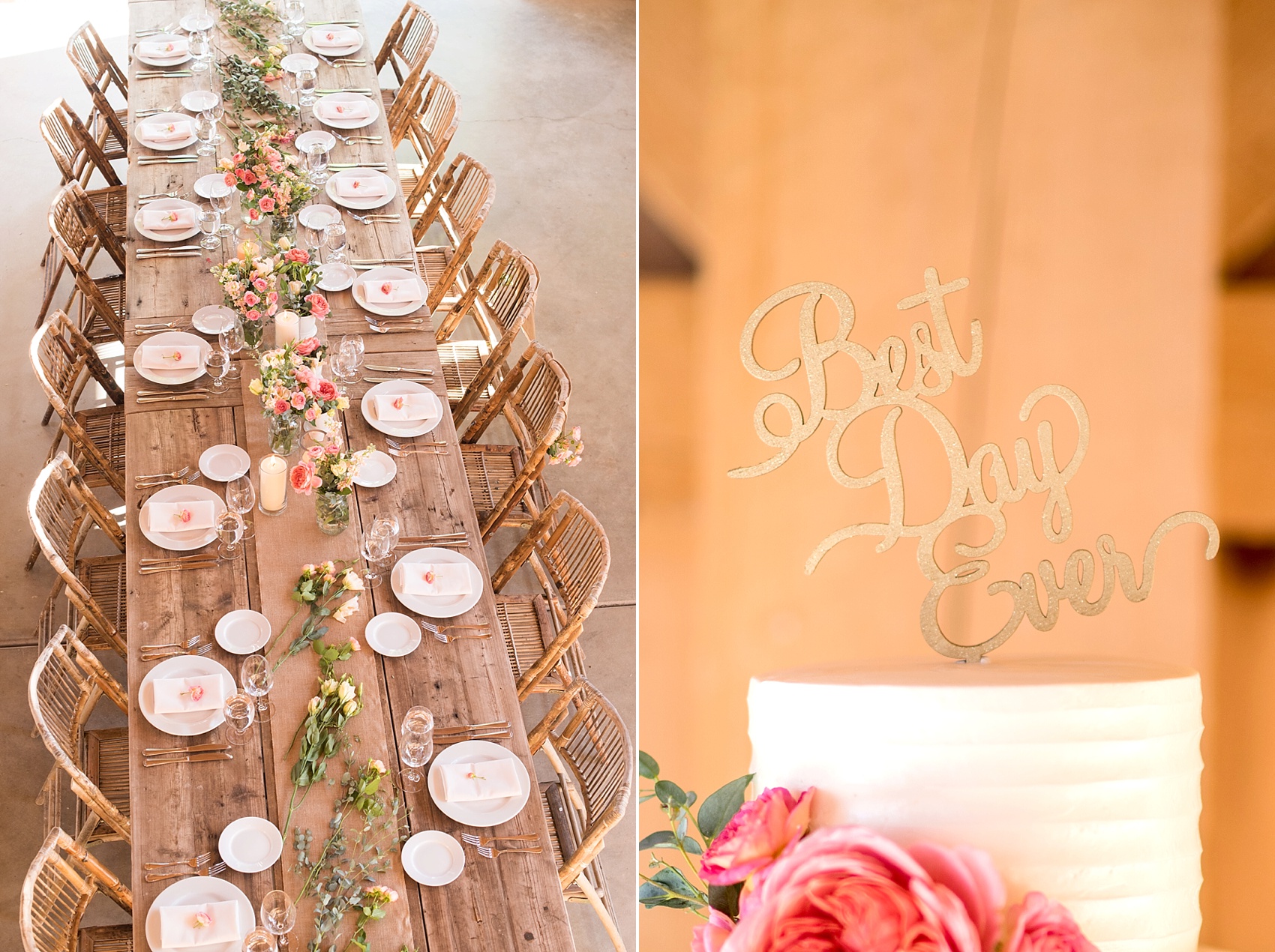 Best Day Ever script laser cut cake topper for a spring vineyard elopement with pink flowers and barn reception. Photos by Mikkel Paige, destination wedding photographer. Held at HammerSky Vineyard, south of San Francisco. 