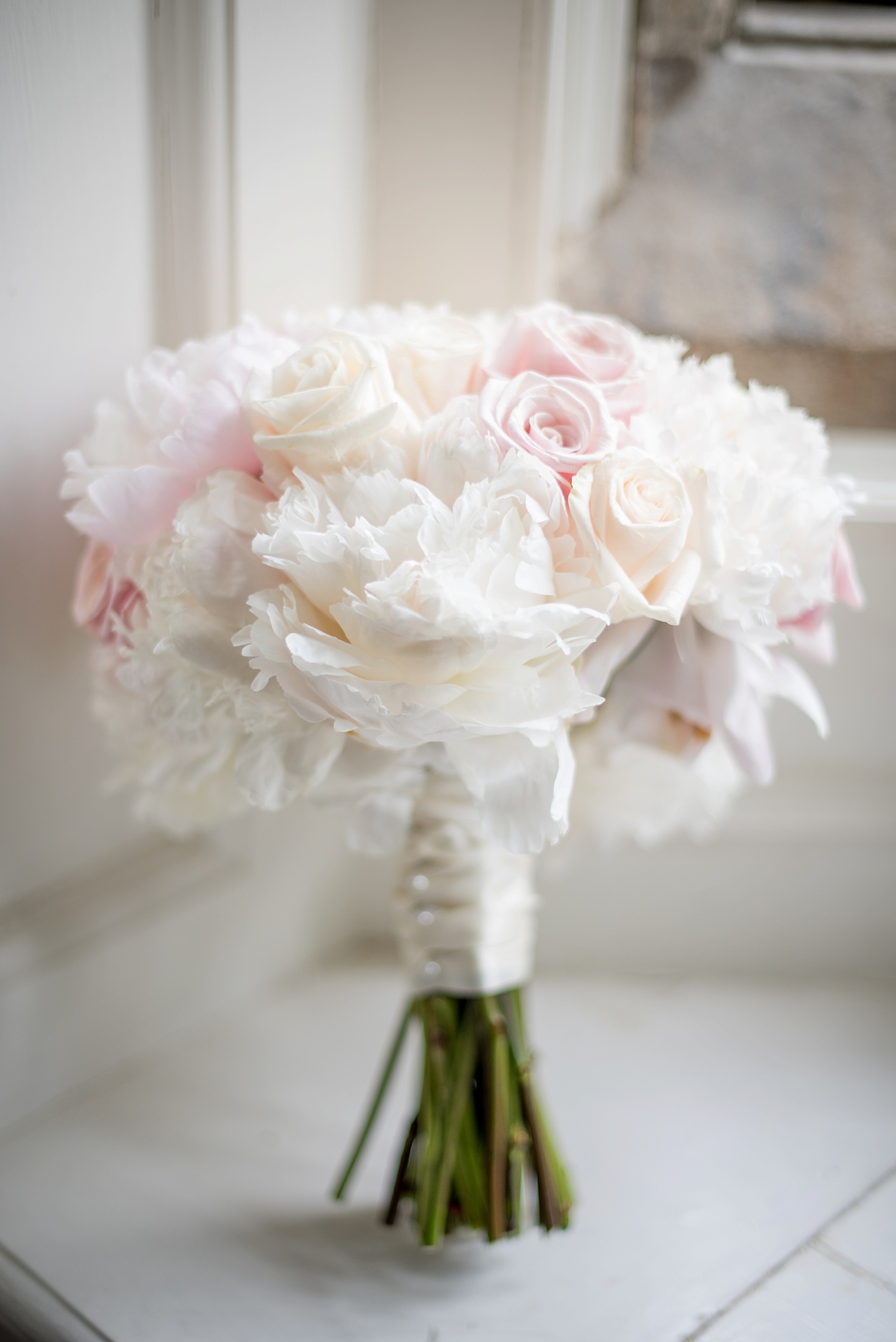 Peony and white rose bouquet photo for a Skylands Manor wedding. Images by Mikkel Paige Photography, NJ wedding photographer.