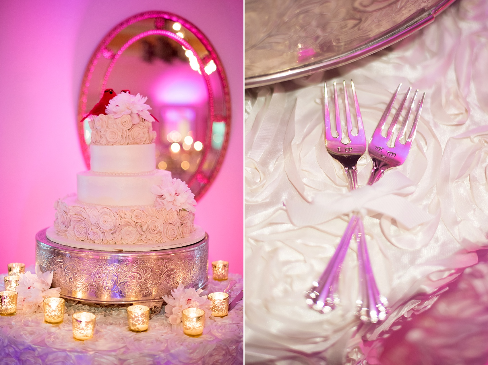 Skylands Manor spring wedding reception buttercream and fondant cake with stamped forks. Images by Mikkel Paige Photography, NJ wedding photographer.