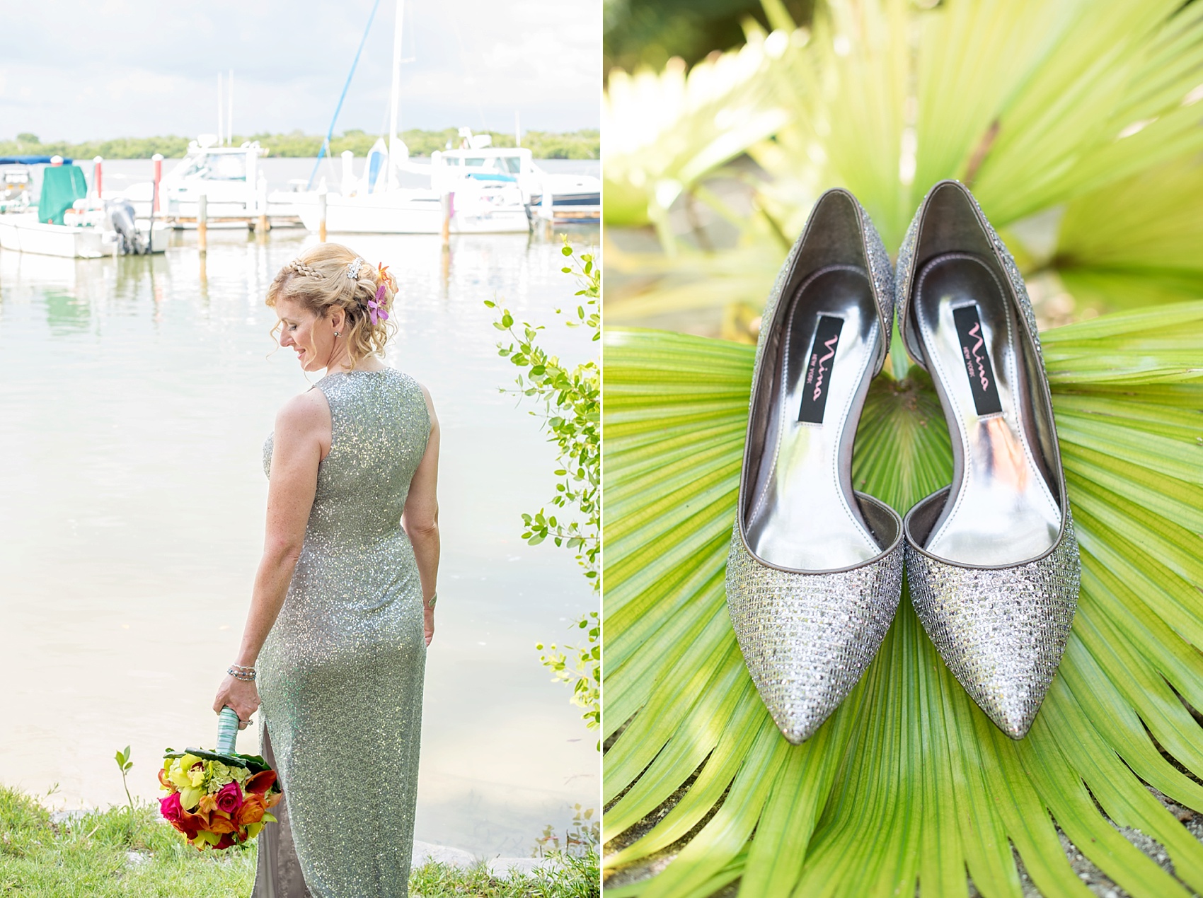 Silver sequin wedding gown for a small wedding on Captiva Island with a beach ceremony. Photos by Mikkel Paige Photography.