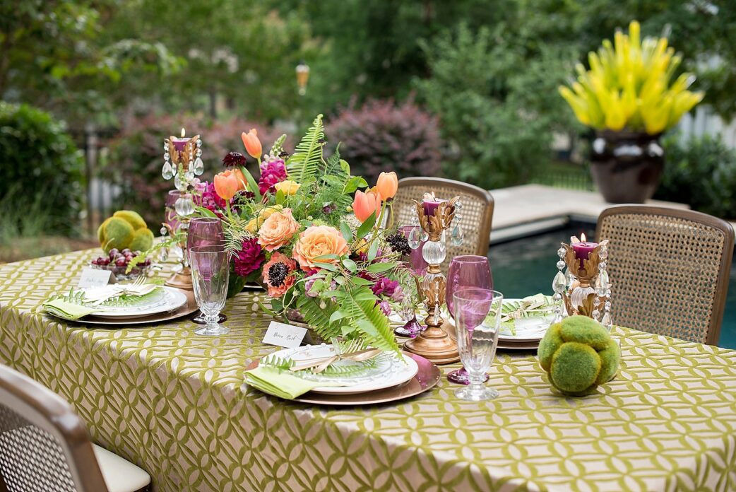 Raleigh wedding photographer, Mikkel Paige, captures elopement dinner inspiration in North Raleigh, North Carolina. Flowers by Eclectic Sage.