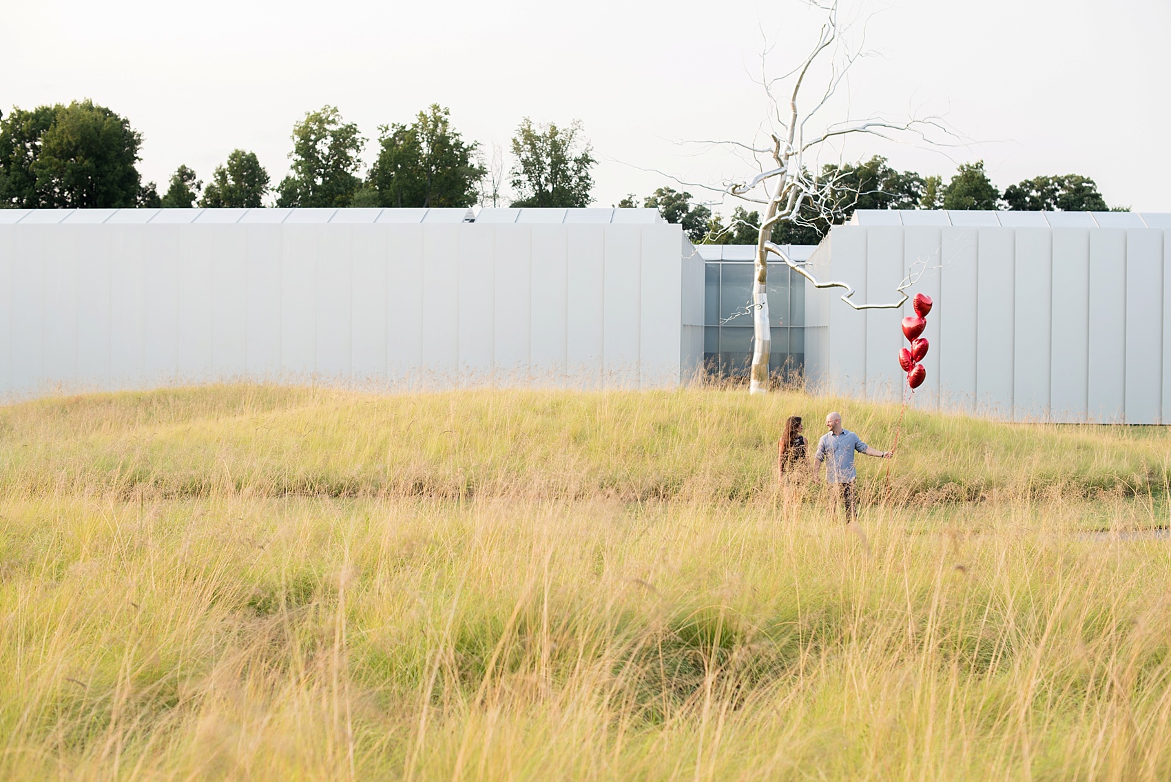 Raleigh wedding photographer captures a couple and heart balloons at their sunset engagement session.