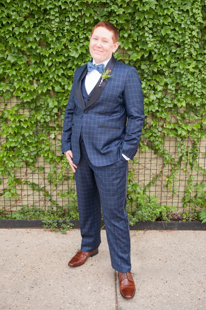 501 Union lesbian wedding - custom blue plaid suit for the bride! Photos by Mikkel Paige Photography, in Brooklyn, NYC.