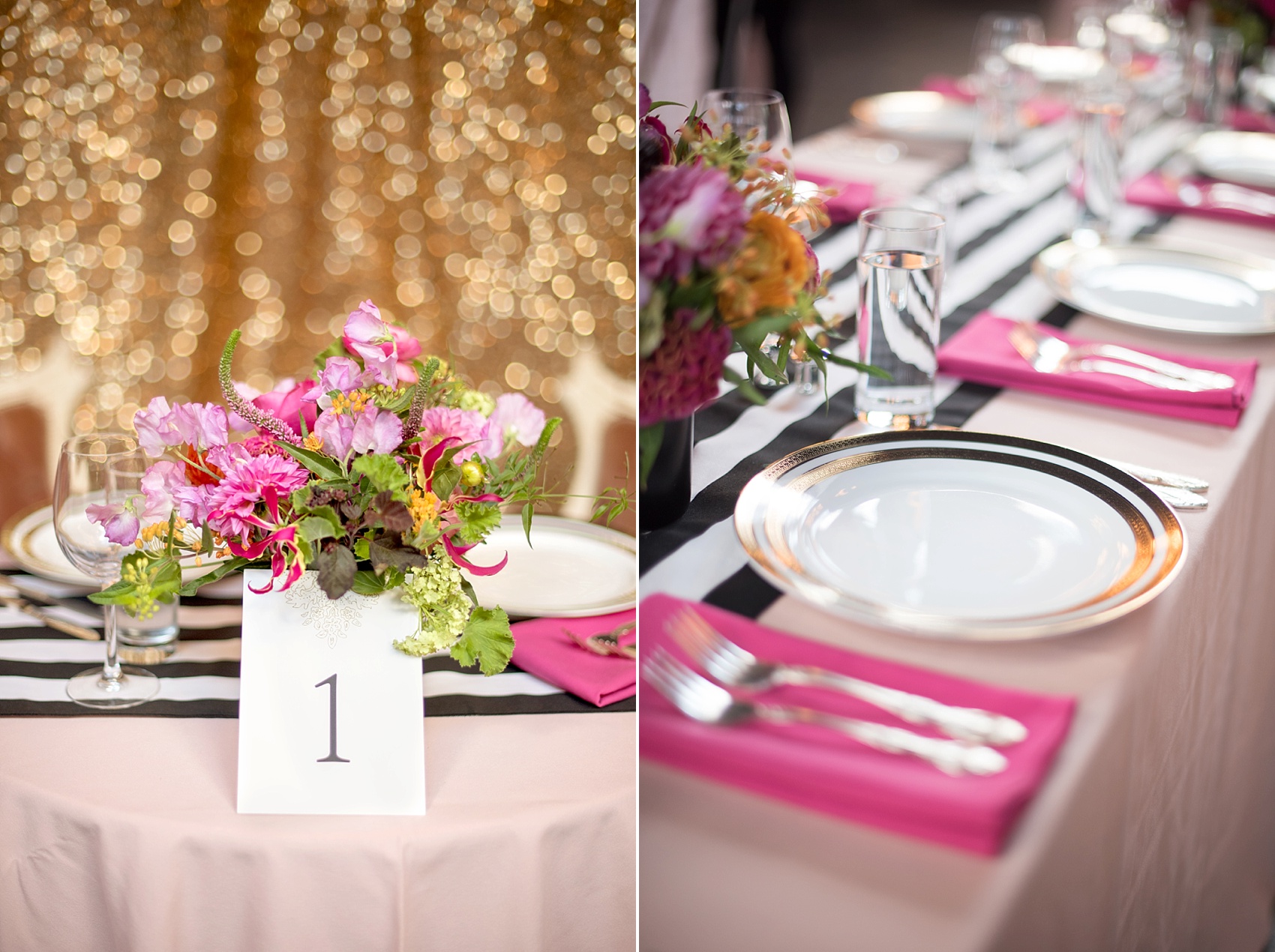 501 Union lesbian wedding. Photos by Mikkel Paige Photography, in Brooklyn, NYC. Planning by Ashley M Chamblin Events. Overall room photo with pink linens and brightly colored flower centerpieces. Gold sequin backdrop.