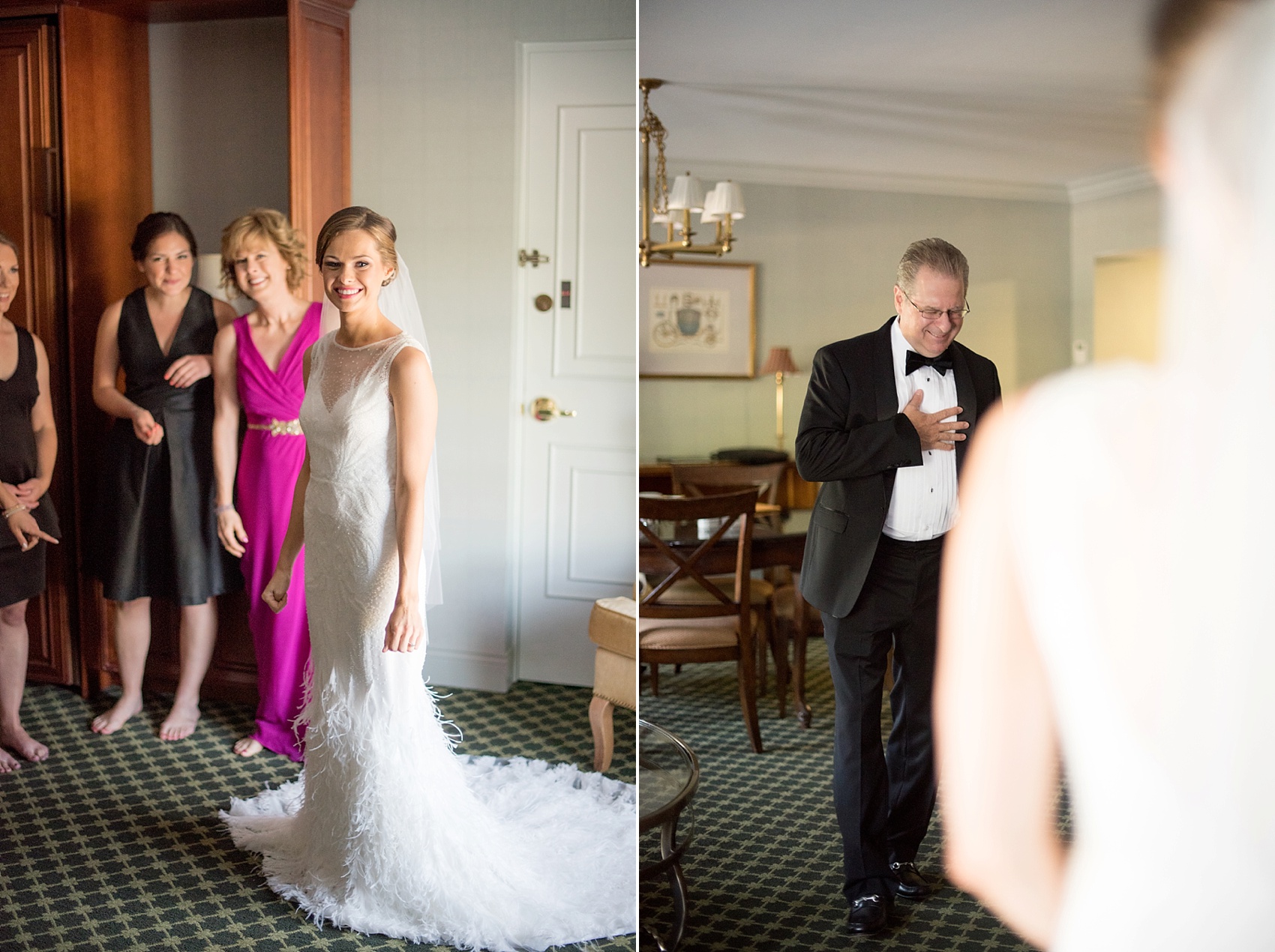 Pearl River Hilton wedding photos. Wedding gown with feathers by Rosa Clara Soft. Images by Mikkel Paige Photography, NYC wedding photographer.