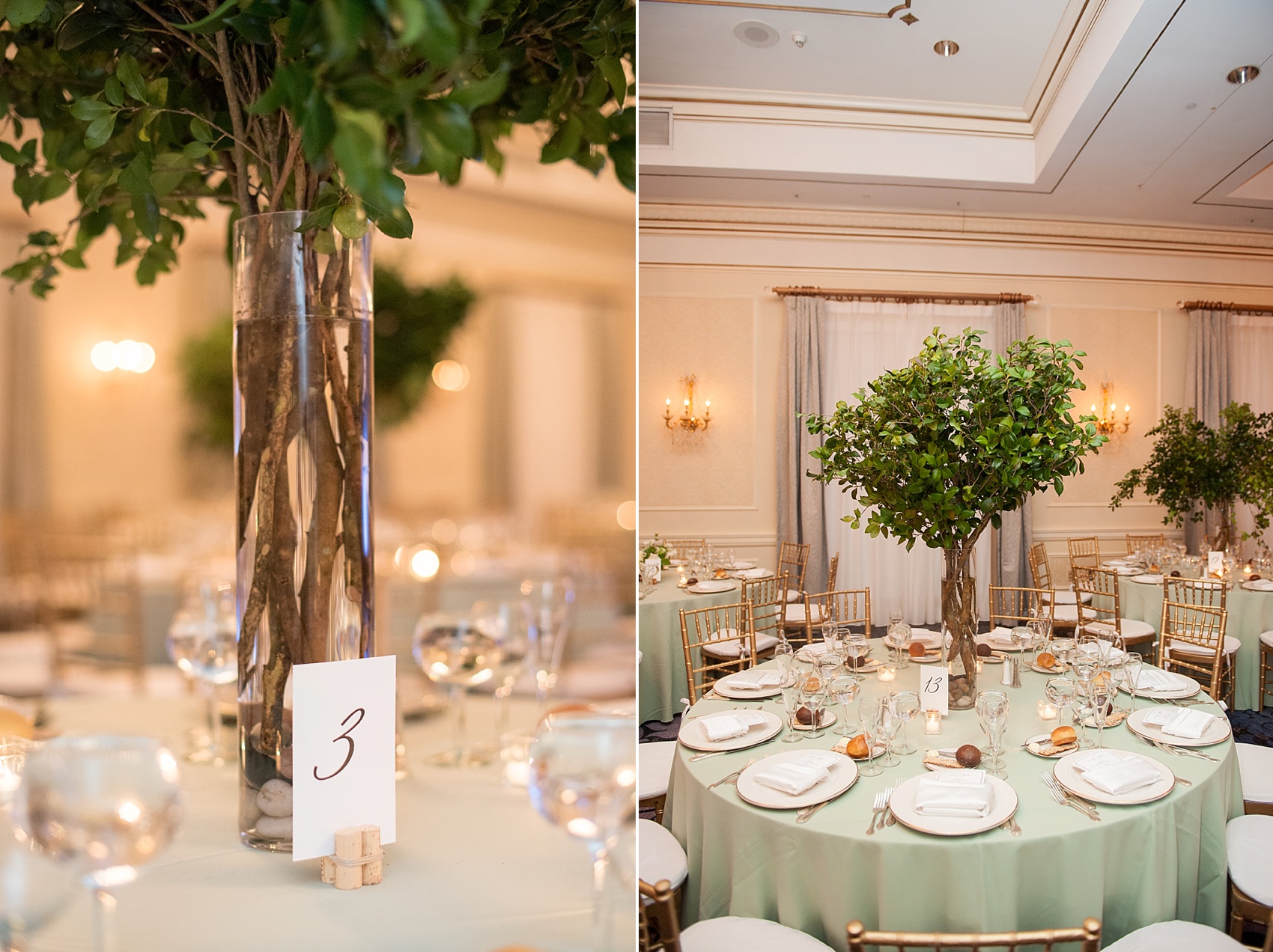 Pearl River Hilton wedding party photos with tree centerpieces. Images by Mikkel Paige Photography, NYC wedding photographer.