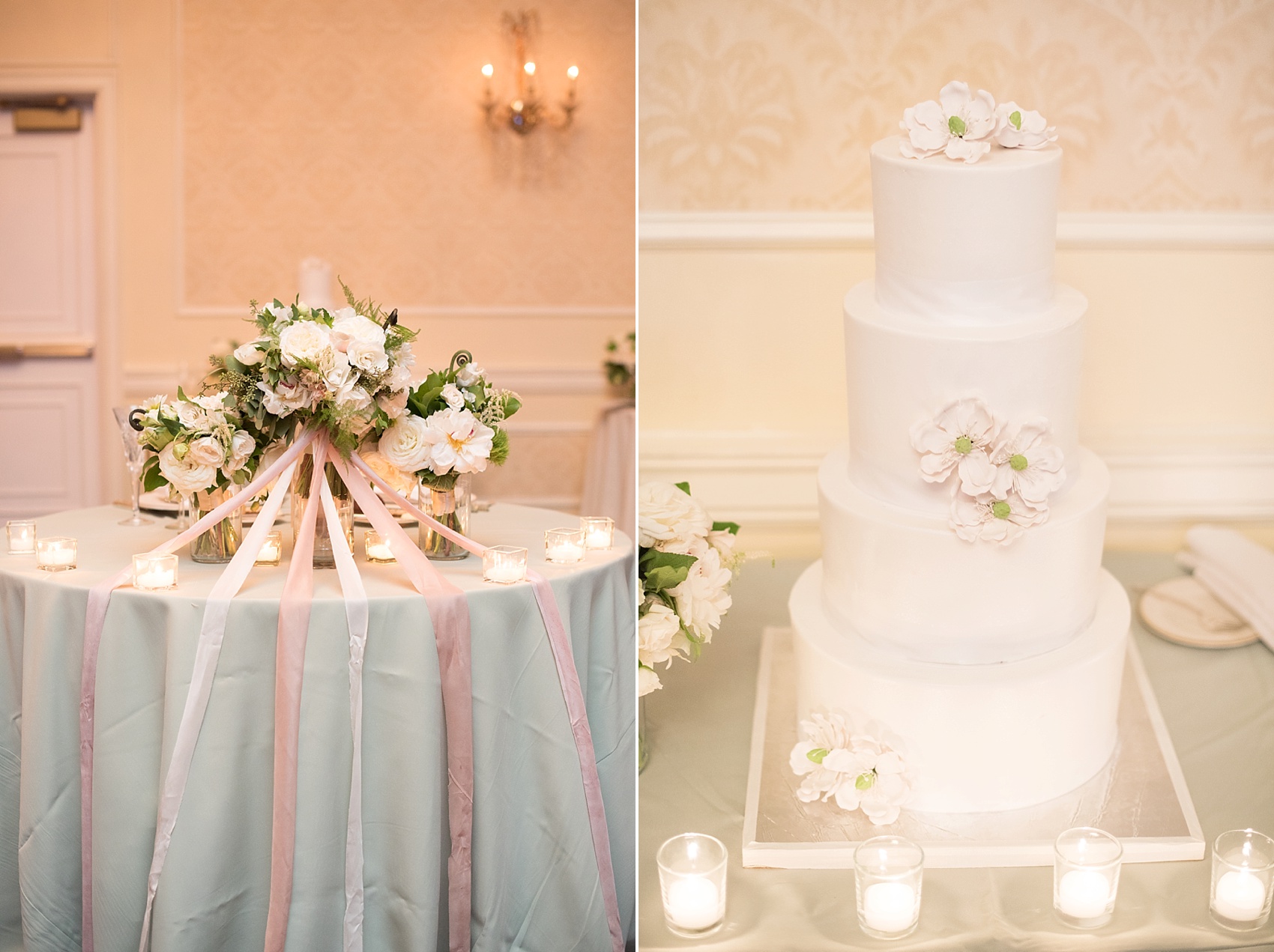 Pearl River Hilton wedding party photos of white tiered cake with dogwood sugar flowers. Images by Mikkel Paige Photography, NYC wedding photographer.