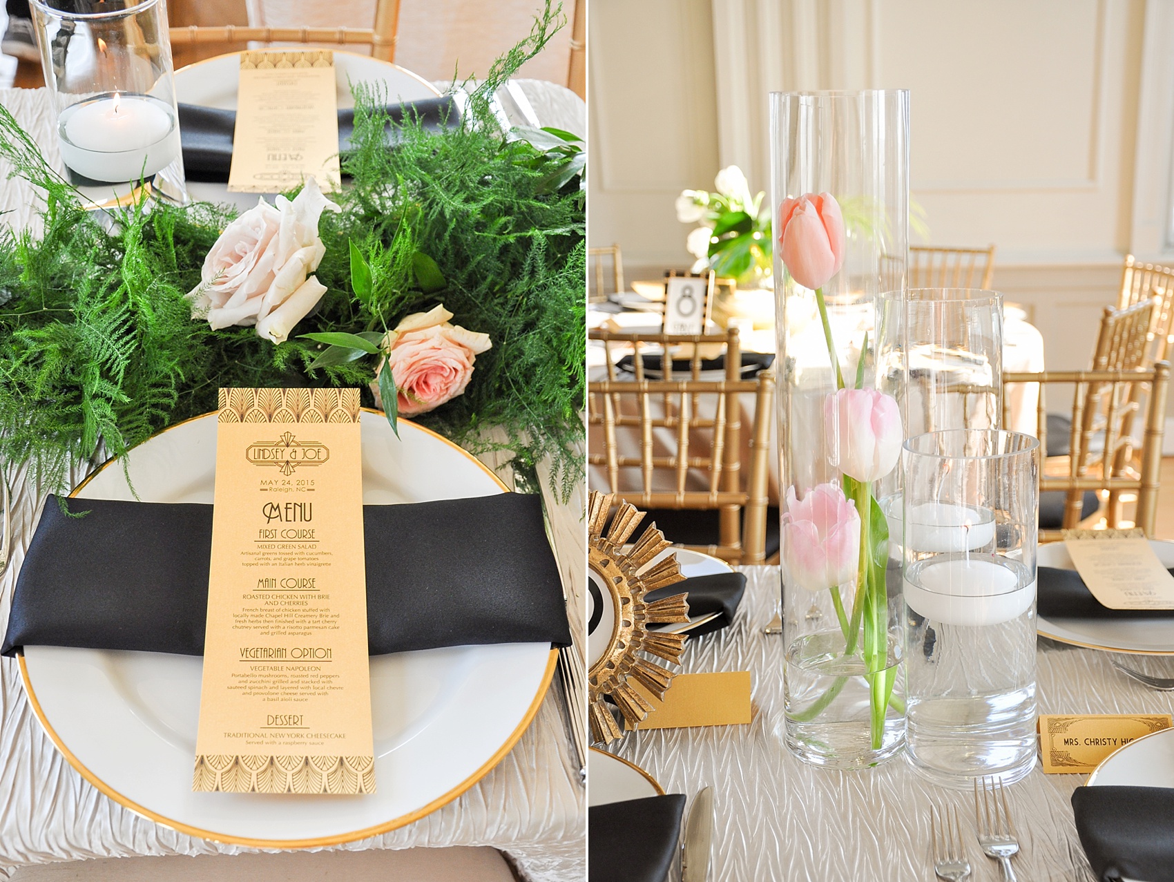 Downtown Raleigh Grand Ballroom wedding photos of Gatsby themed design with tropical leaves, white tulips, gold vase and black accents. Photos by Mikkel Paige Photography, flowers by Eclectic Sage.