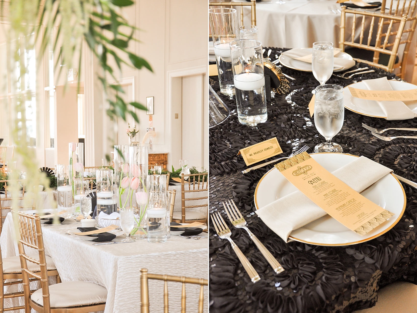 Downtown Raleigh Grand Ballroom wedding photos of Gatsby themed art deco  design with tropical leaves, white tulips, greenery and black accents. Photos by Mikkel Paige Photography, flowers by Eclectic Sage.