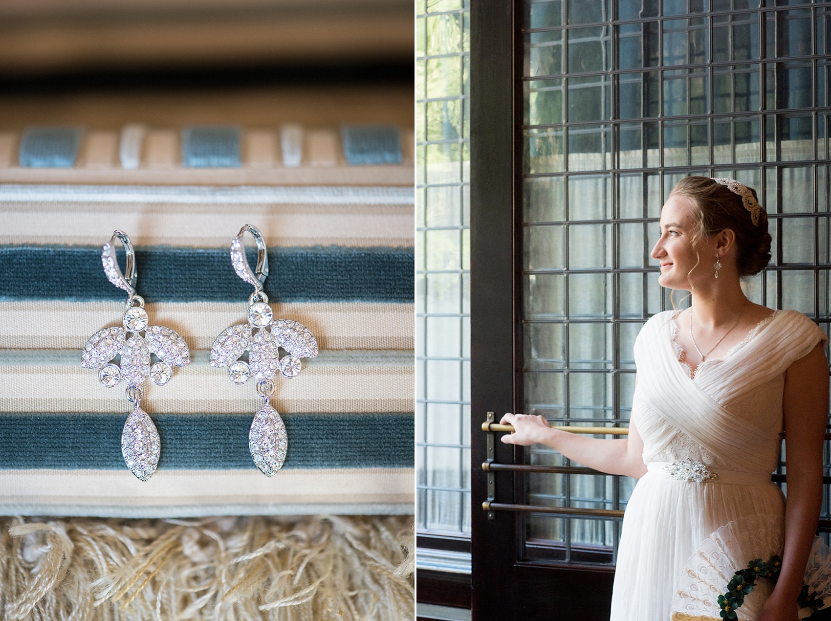 A bride prepares for her NYC Brooklyn wedding at The Greenwich Hotel. Detailed earring photo. Photos by Mikkel Paige Photography.