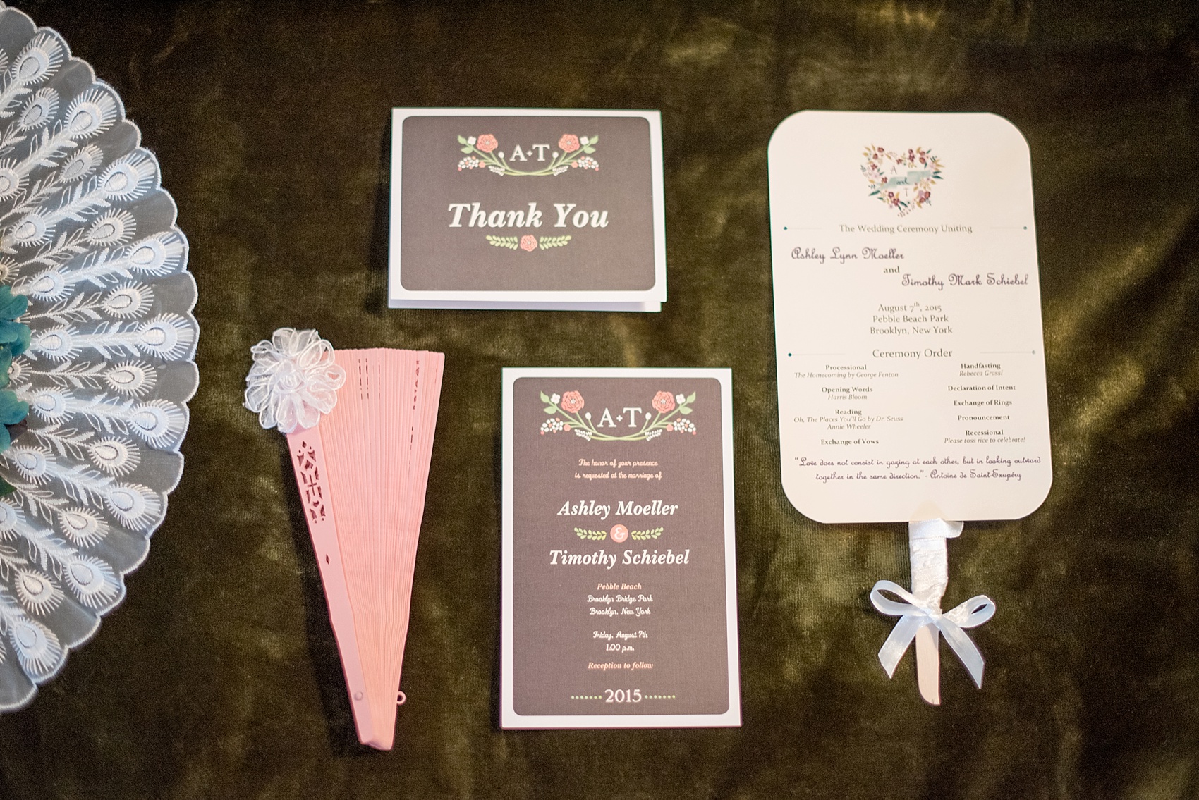 Brown, pink and green wedding invitation and fan program for a Brooklyn Bridge Park waterfront wedding. Photos by Mikkel Paige Photography, NYC wedding photographer.