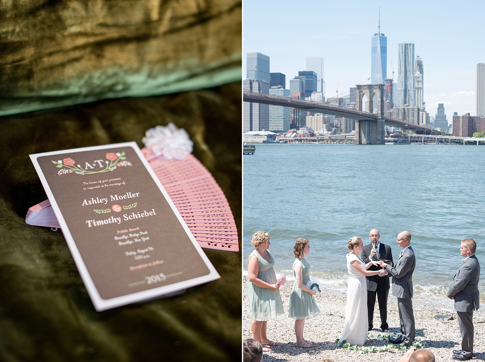 Brown, pink and green wedding invitation and fan program for a Brooklyn Bridge Park waterfront wedding. Photos by Mikkel Paige Photography, NYC wedding photographer.