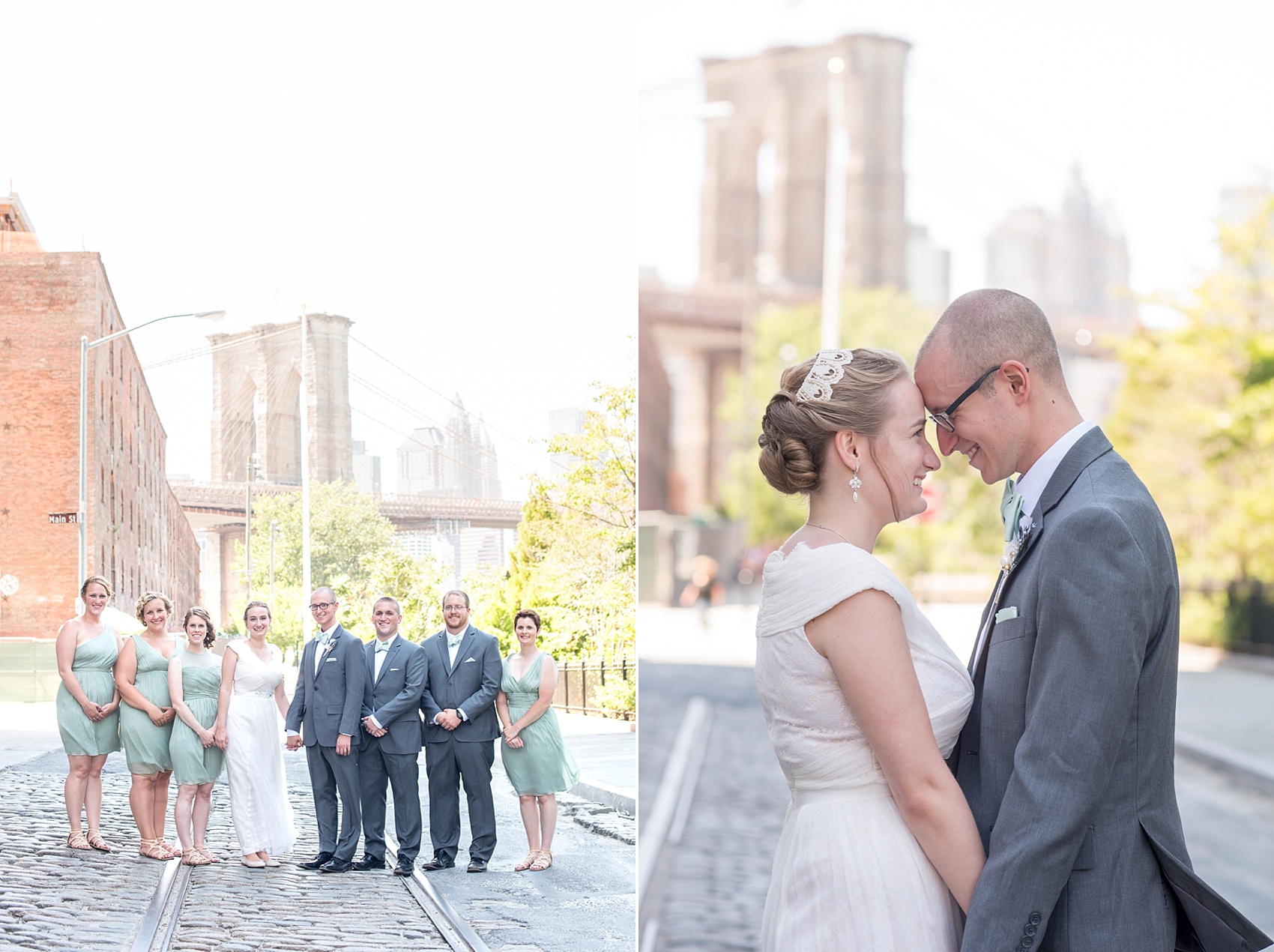 Urban wedding photos of the bride and groom near Brooklyn Bridge Park. Photos by Mikkel Paige Photography, NYC wedding photographer.
