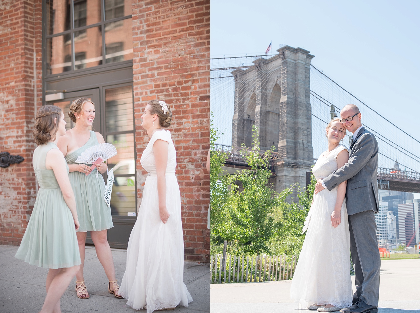 Wedding party photo in DUMBO, with Brooklyn Bridge. Photos by Mikkel Paige Photography, NYC wedding photographer.