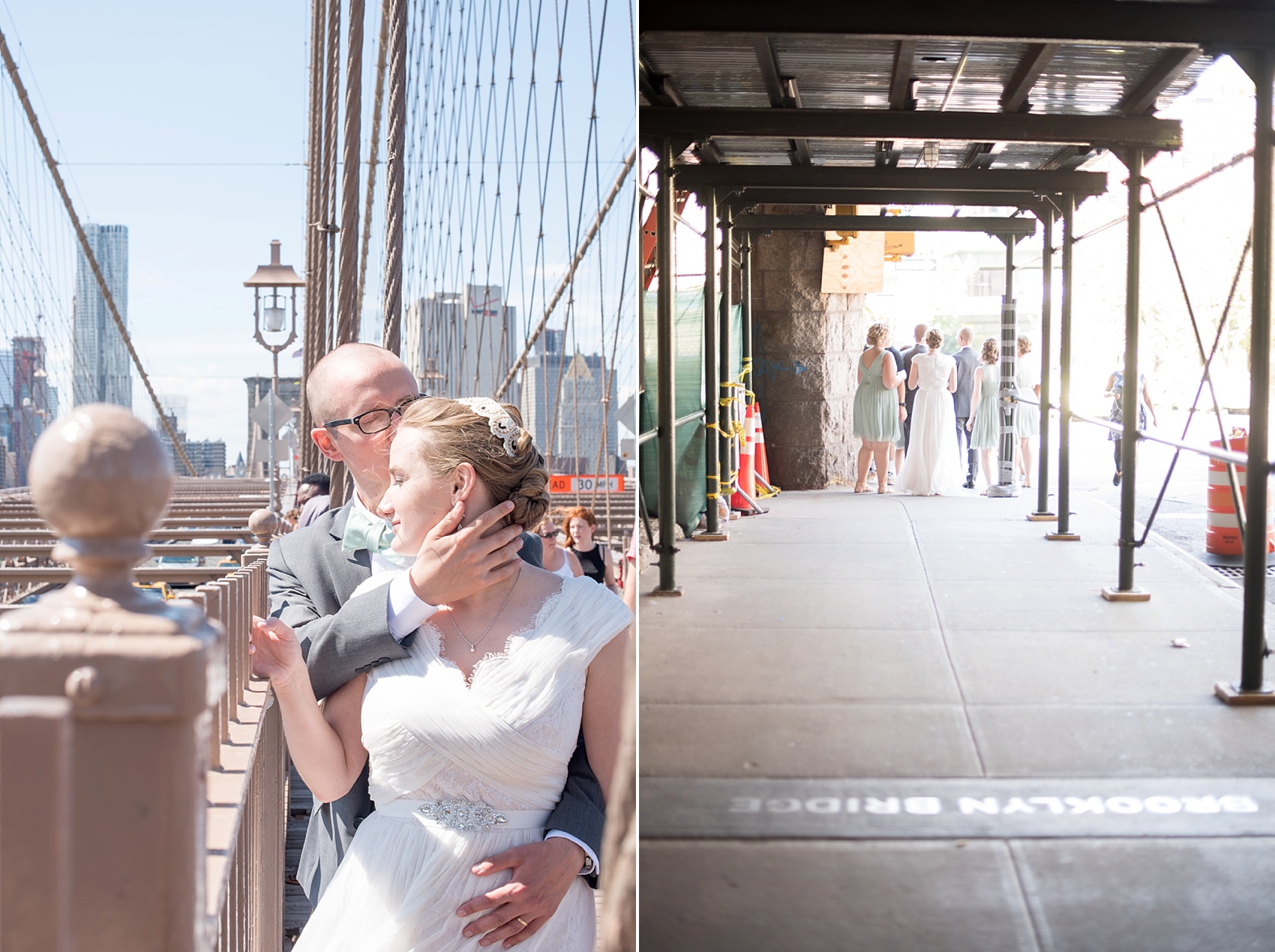 Bride and groom photo on the Brooklyn Bridge. Photos by Mikkel Paige Photography, NYC wedding photographer.