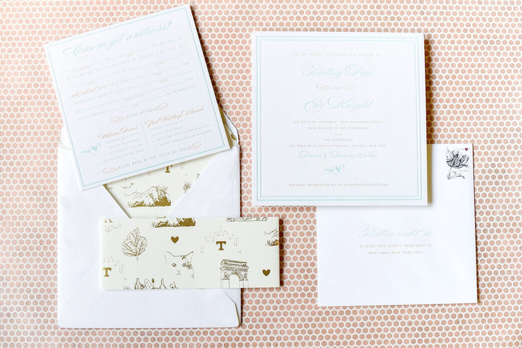 Custom letterpress invitation. Photo by Mikkel Paige Photography, invitation by Katie Fischer Design for Brittny Drye's wedding, CEO and Editor-in-Chief of Love Inc. Mag