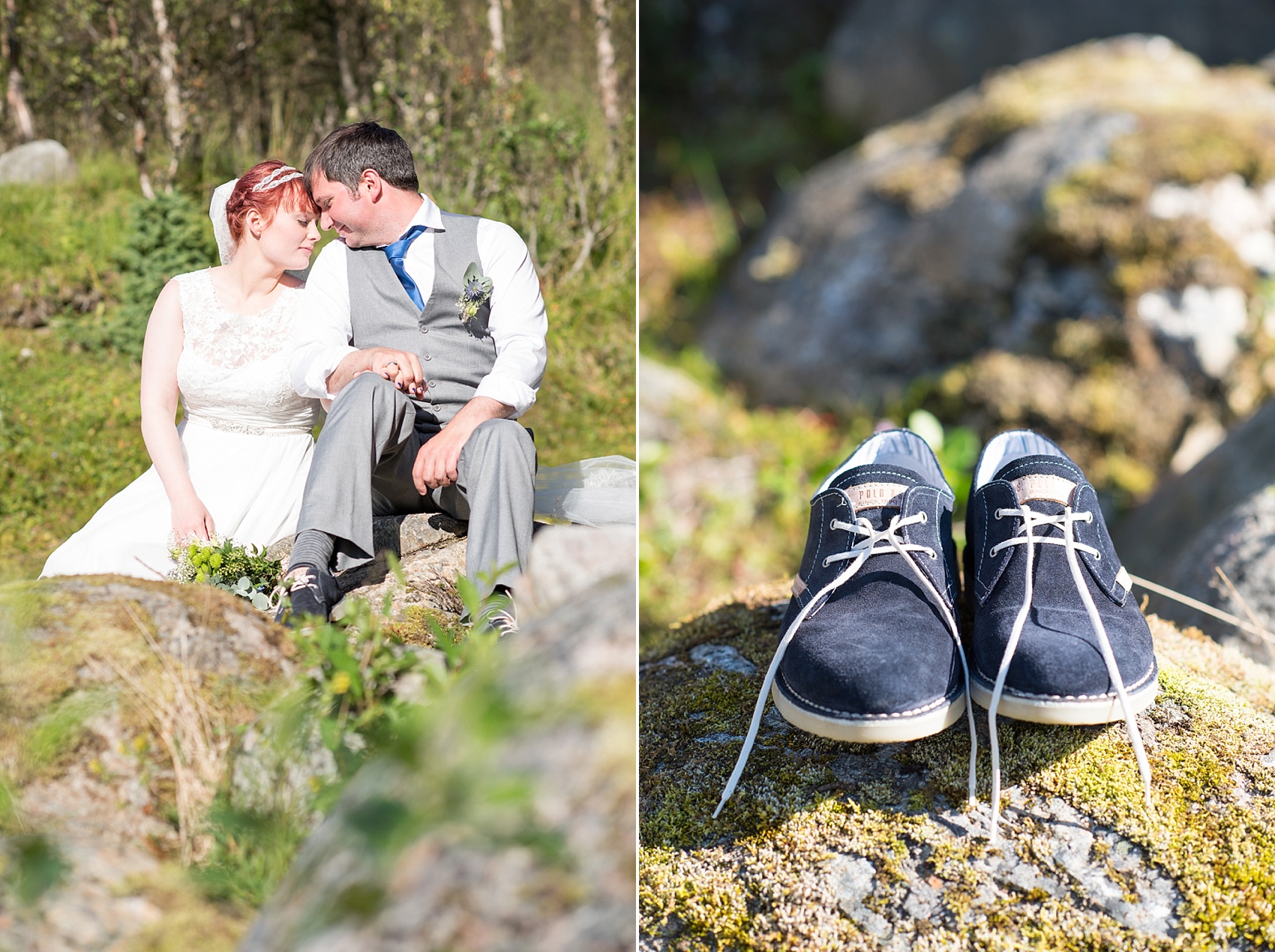 Norway wedding photos by Mikkel Paige Photography, destination wedding photographer. Bride and groom photo and blue suede shoes.
