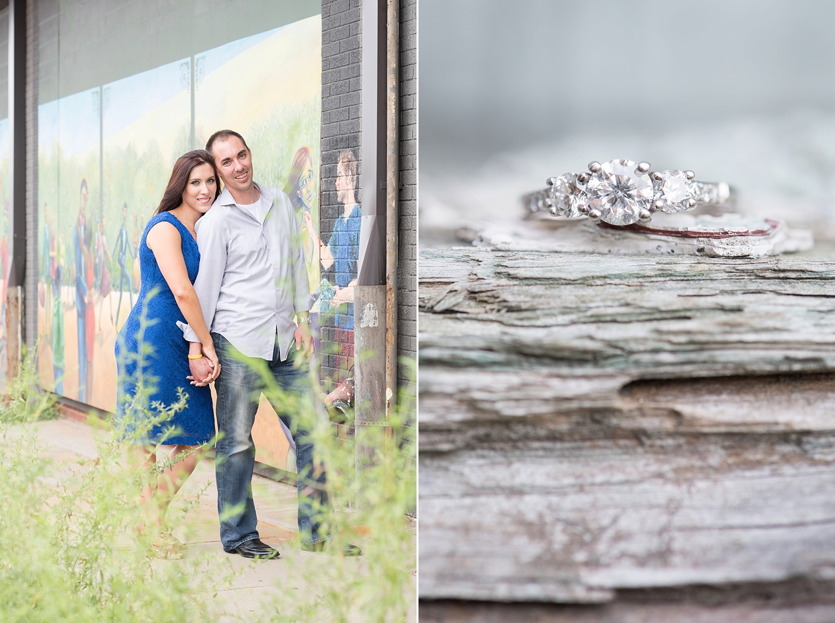 Downtown Raleigh urban engagement photos by Mikkel Paige Photography. Three stone diamond engagement ring detail.