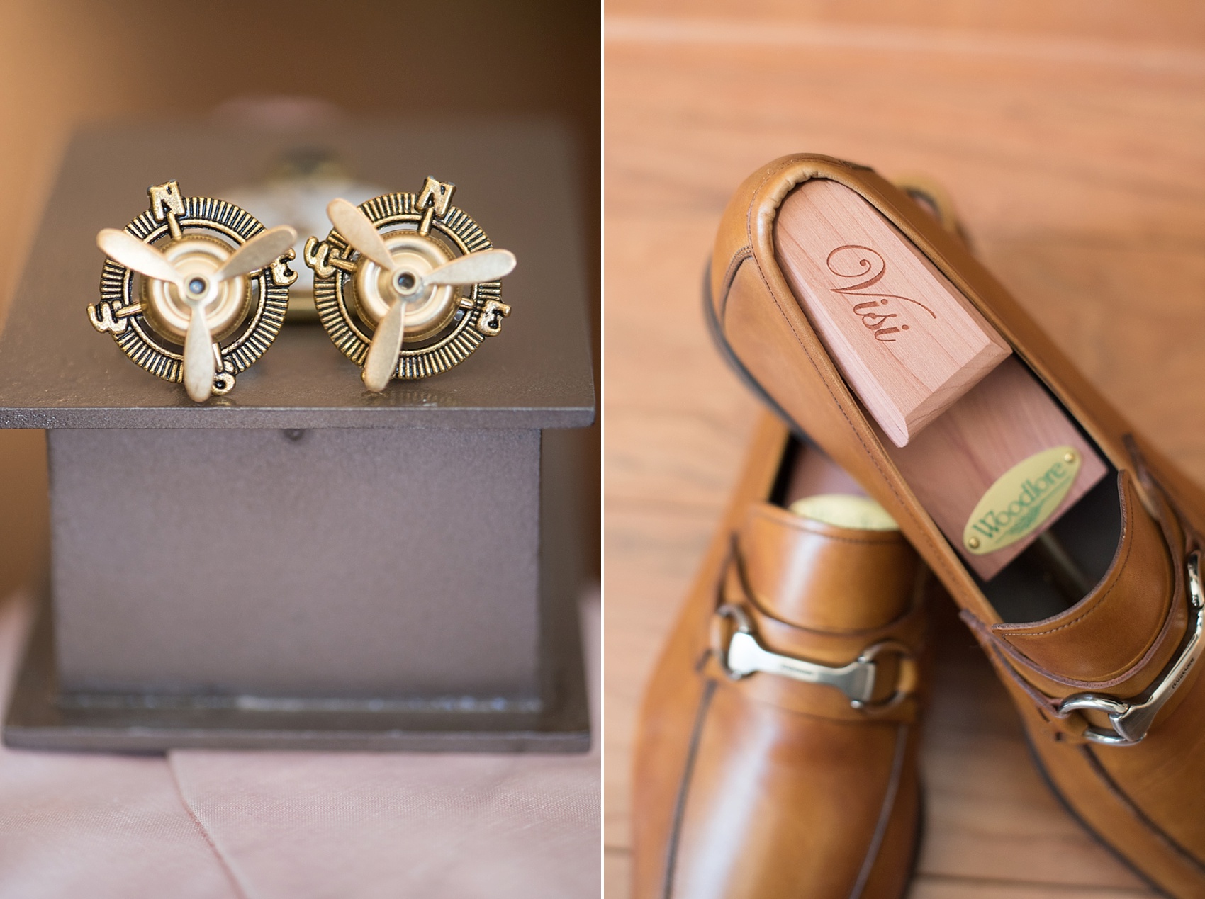 Connecticut beach wedding photos by Mikkel Paige Photography. Groom's navigator travel cufflinks and custom wood shoe tree inserts.