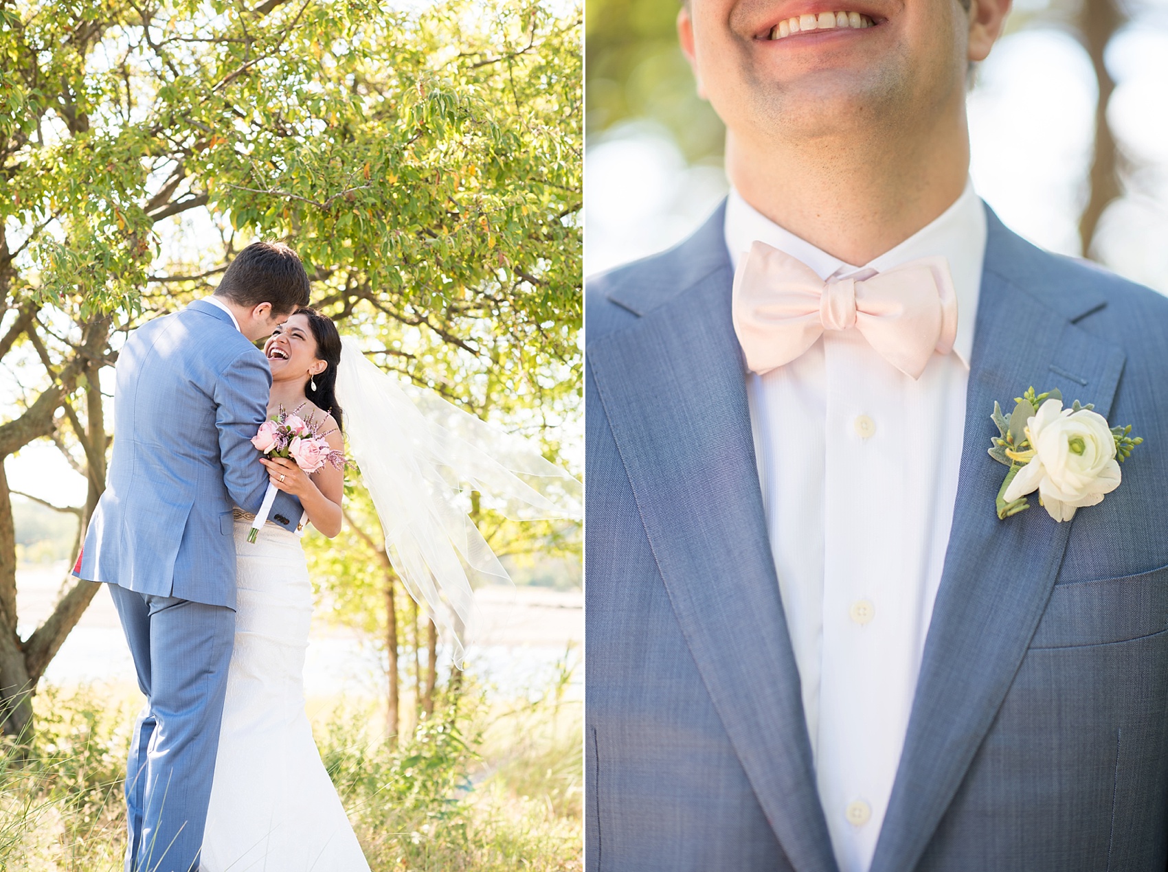 Connecticut beach wedding photos by Mikkel Paige Photography. Groom in blue suit and pink bow ties.