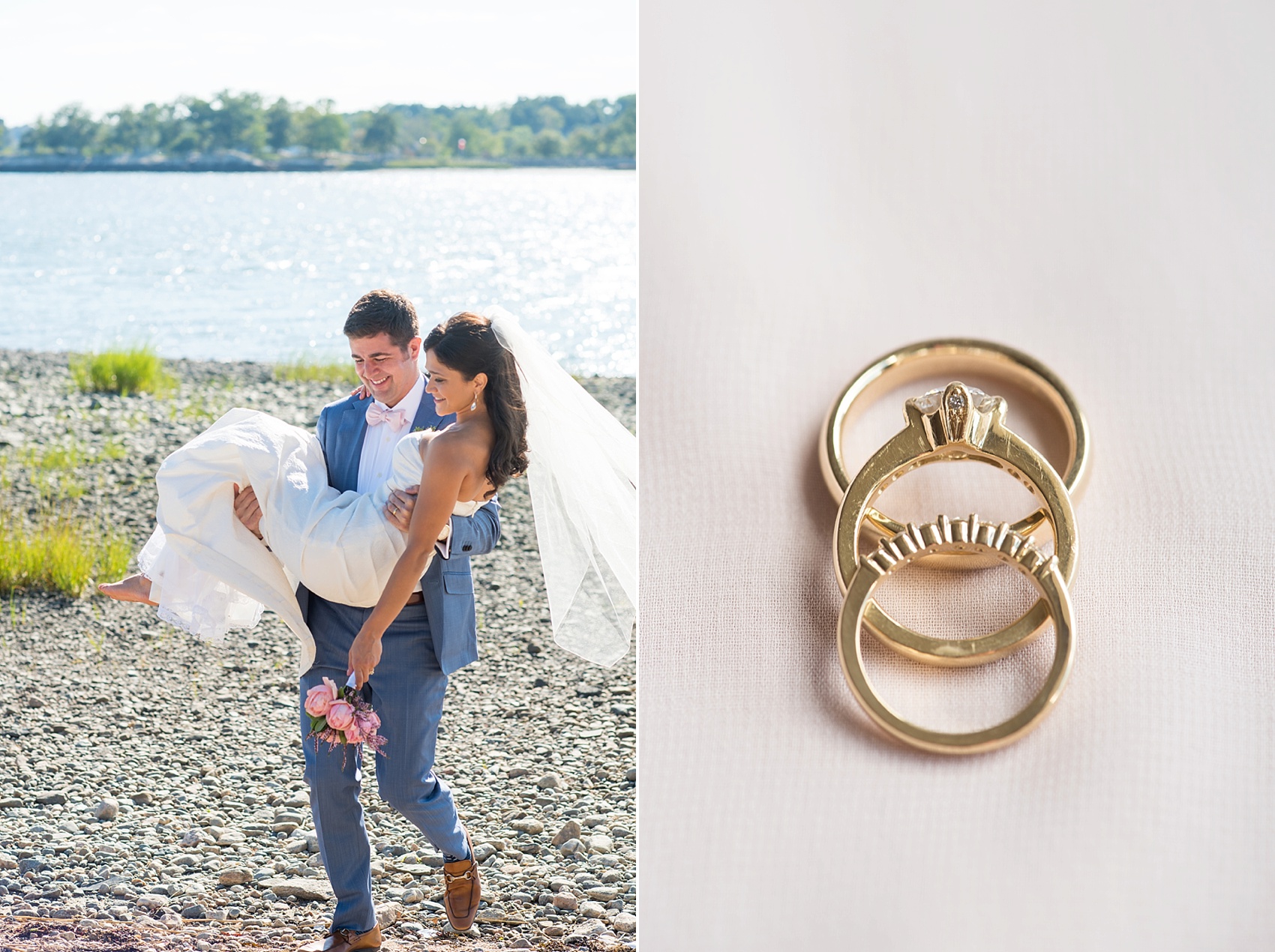 Connecticut beach wedding photos by Mikkel Paige Photography. Groom in blue suit and pink bow tie and wedding ring detail.