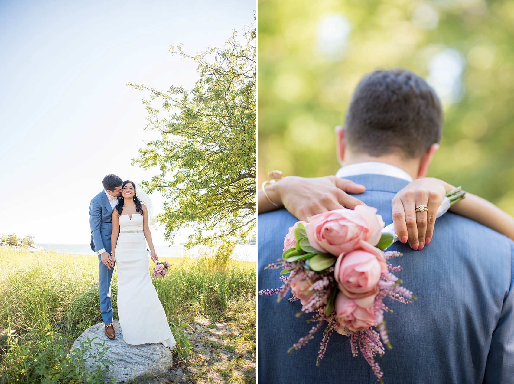 Connecticut Weed Beach wedding photos by Mikkel Paige Photography. Groom in blue suit and pink bow tie with simple rose pink bridal bouquet.