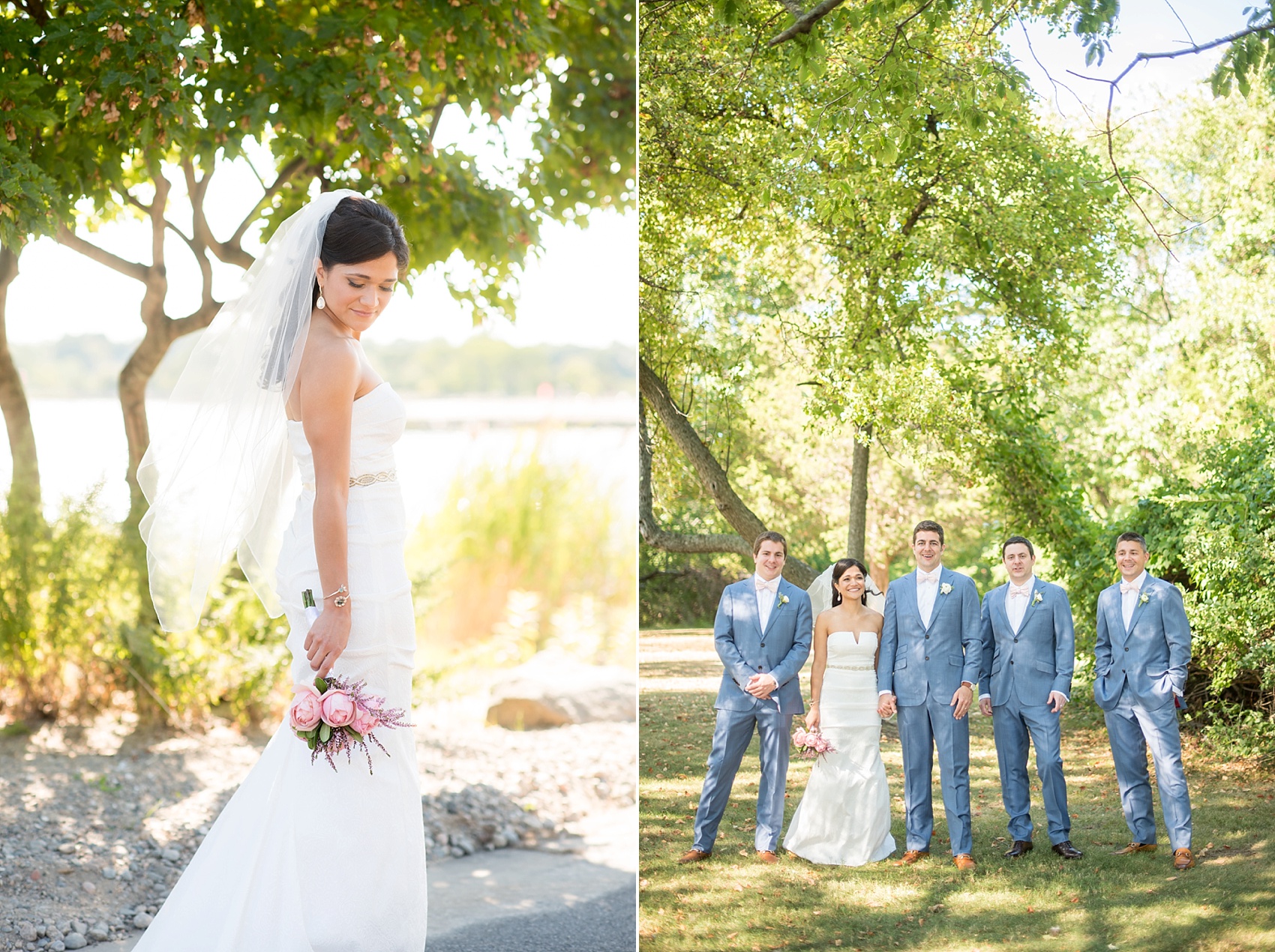 Connecticut Weed Beach wedding photos by Mikkel Paige Photography. Groom in blue suit and pink bow tie.
