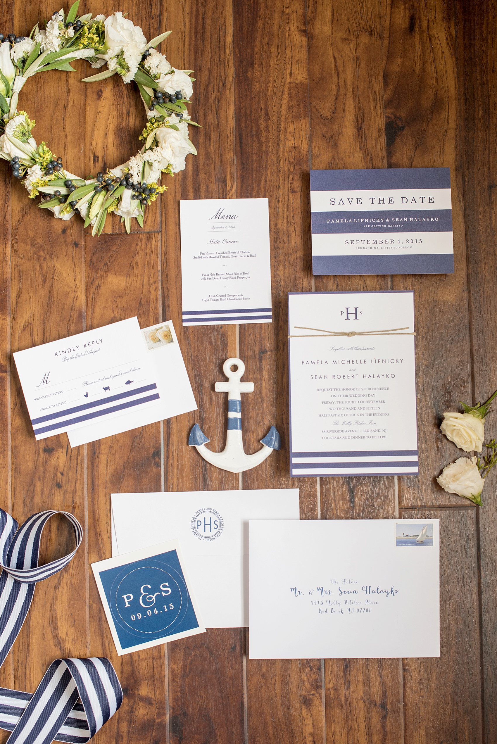 Nautical wedding invitation suite. Photo by Mikkel Paige Photography. Navy blue and white color palette.