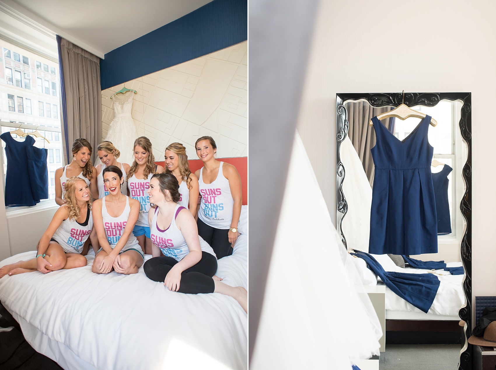 Bride getting ready images with her bridesmaids in bachelorette party tanks at W Union Square by NYC wedding photographer, Mikkel Paige Photography.