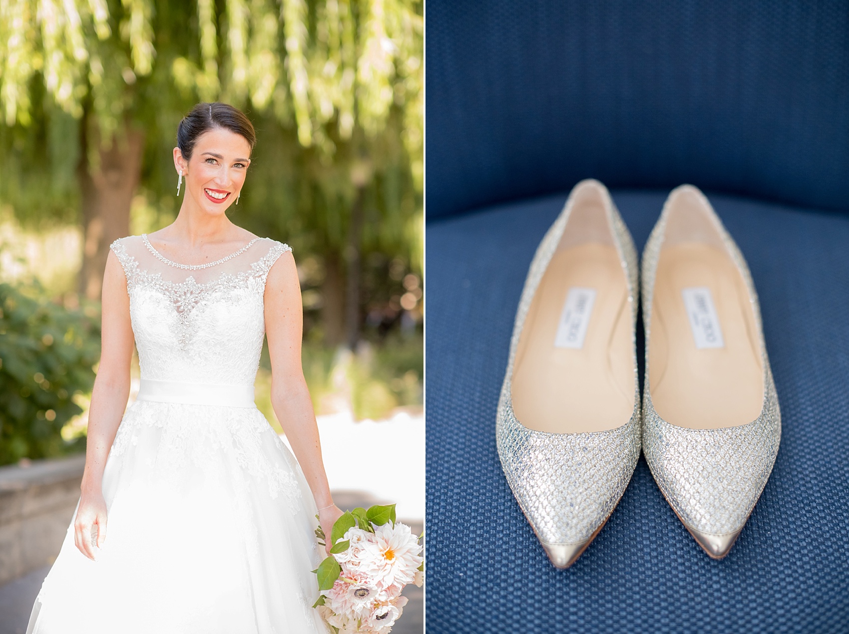 Bridal portrait and glitter flats detail image by NYC wedding photographer, Mikkel Paige Photography.
