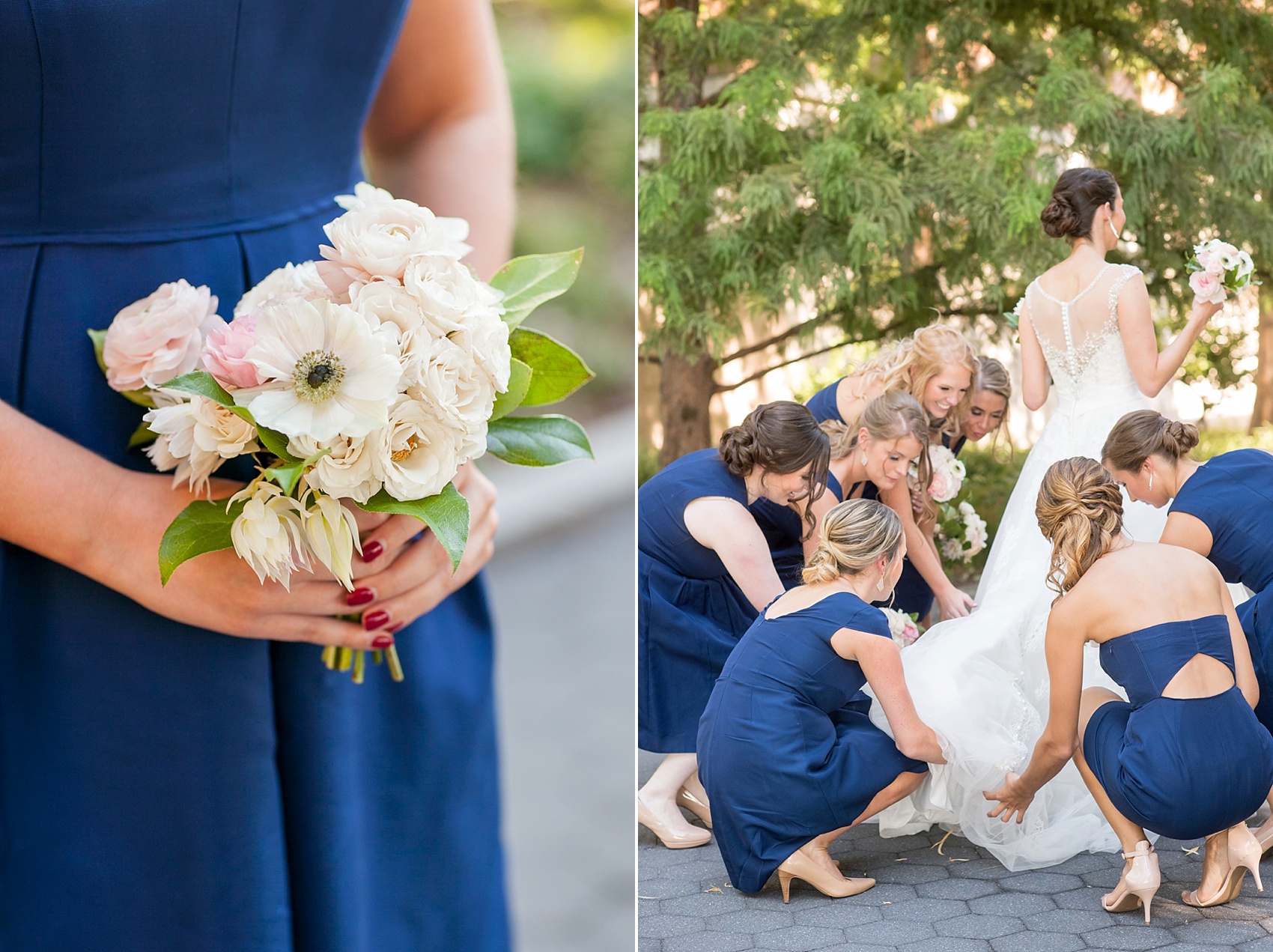 Bridesmaids in JCrew navy blue. Photos in Battery Park by NYC wedding photographer, Mikkel Paige Photography. Flowers by Tracey Reynolds.